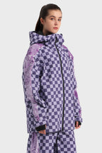 Women's Purple Fleece-Lined Velvet Trim Plaid Snow Jacket Waterproof Ski Jacket - Gsou Snow