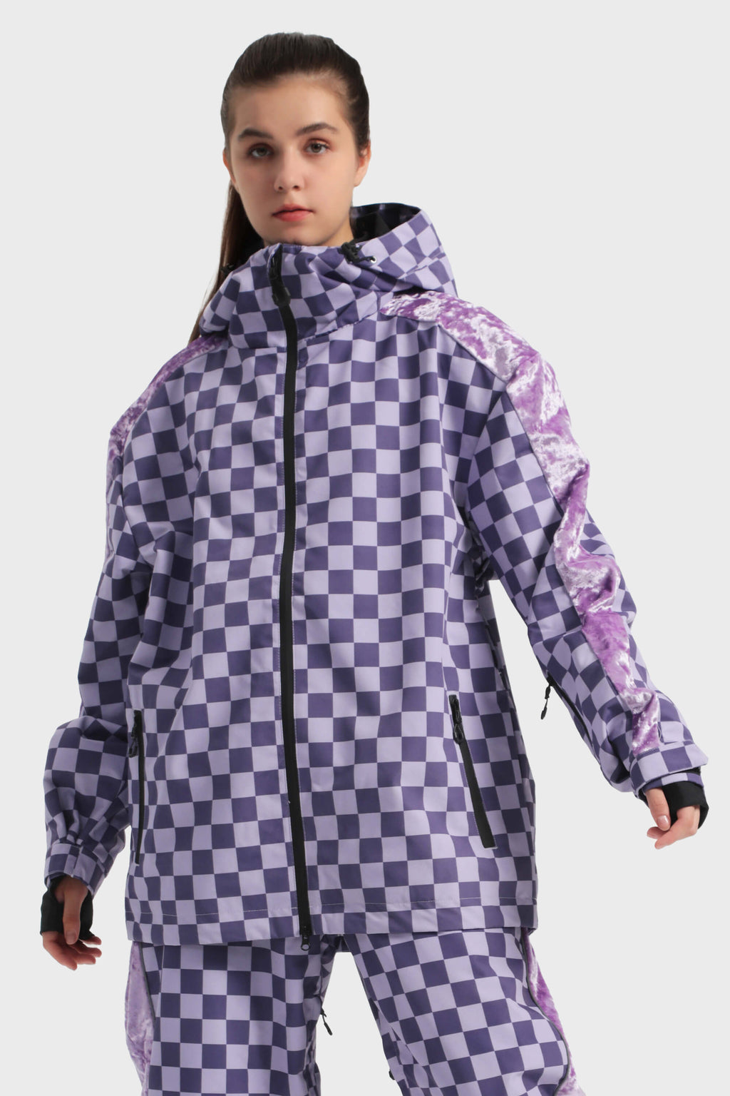 Women's Black Fleece-Lined Velvet Trim Plaid Snow Jacket Waterproof Ski Jacket - Gsou Snow