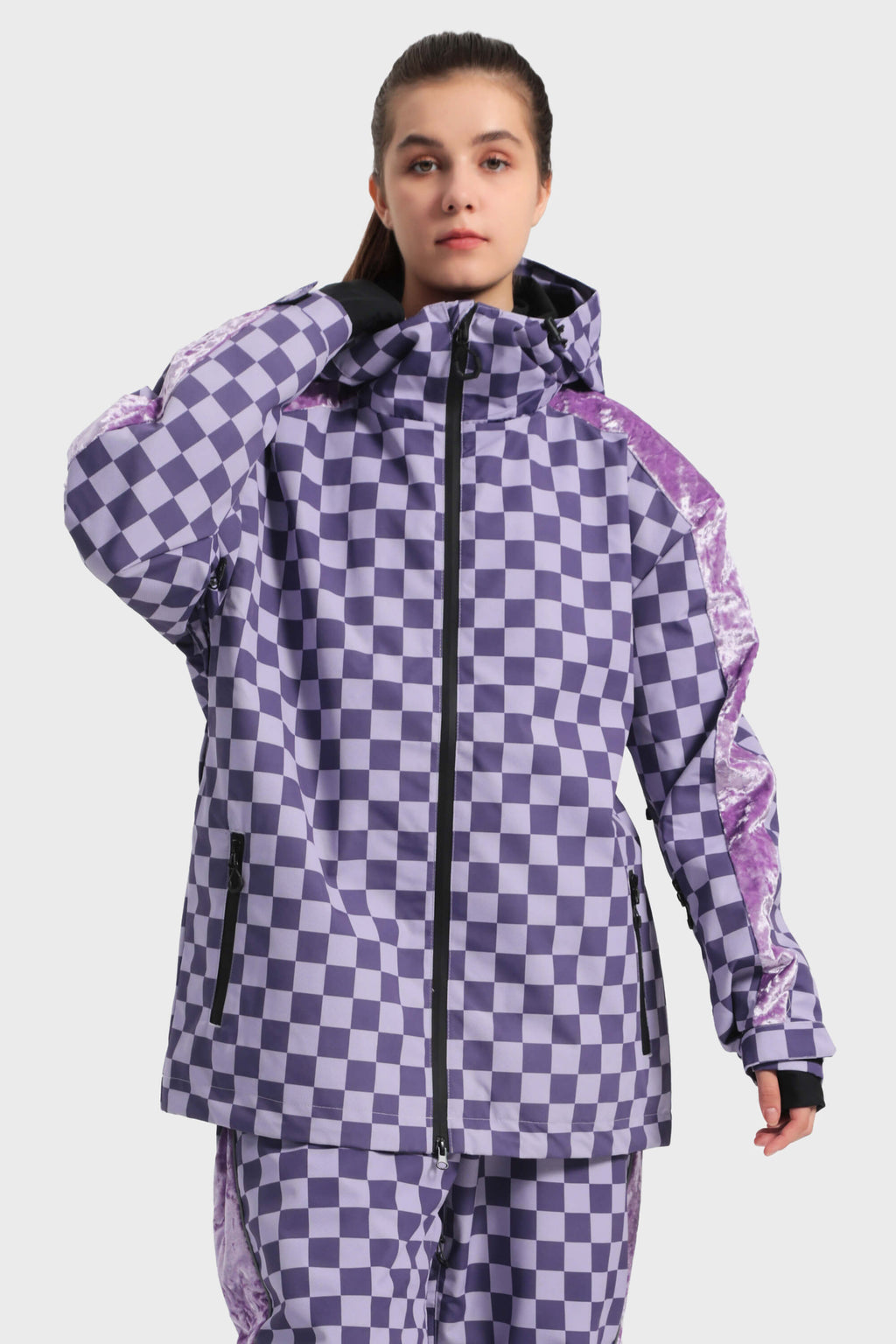 Women's Black Fleece-Lined Velvet Trim Plaid Snow Jacket Waterproof Ski Jacket - Gsou Snow