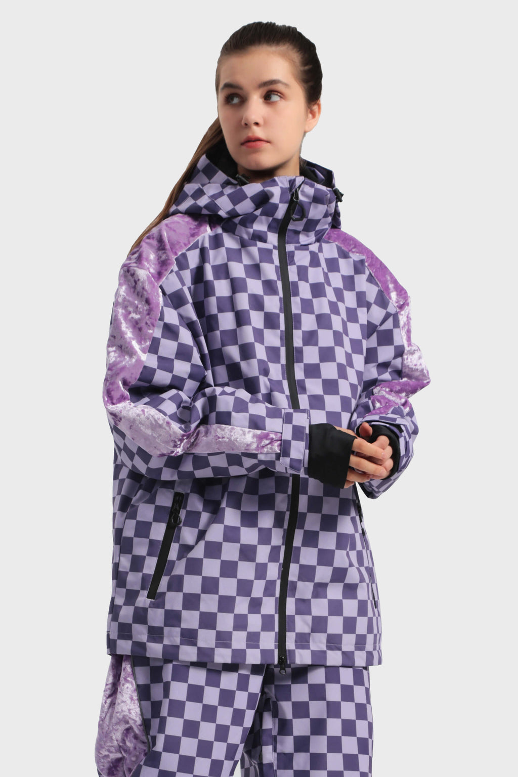 Women's Black Fleece-Lined Plaid Ski Jacket Waterproof Velvet Snow Jacket