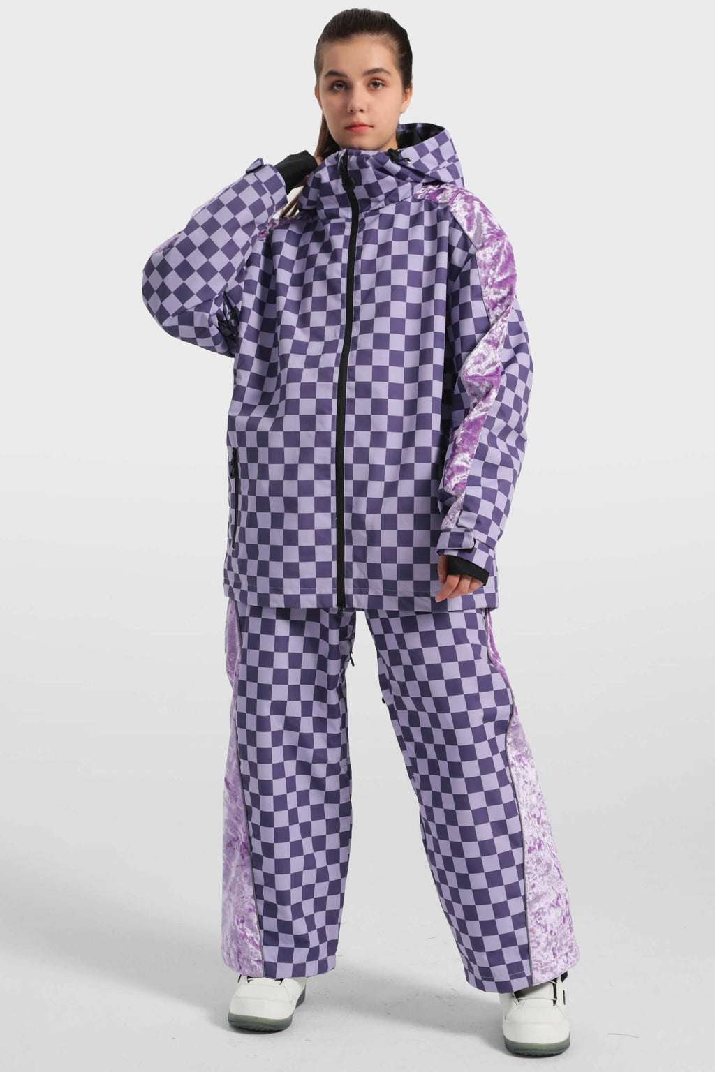 Women's Black Fleece-Lined Plaid Ski Jacket Waterproof Velvet Snow Jacket