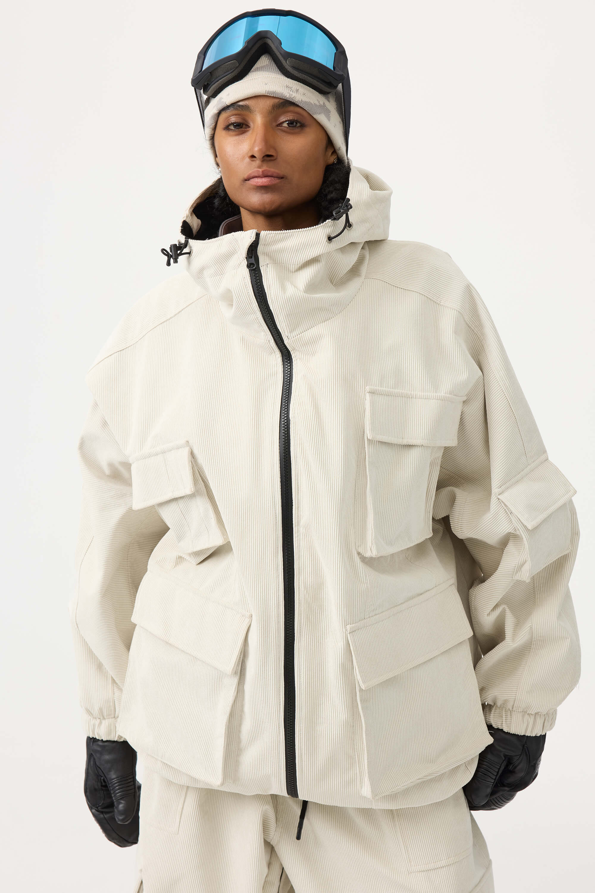 Women's Brick Red Waterproof Corduroy Batwing Sleeve Large Pocket Snow Jacket - Gsou Snow