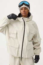 Women's Off White Waterproof Corduroy Batwing Sleeve Large Pocket Snow Jacket - Gsou Snow