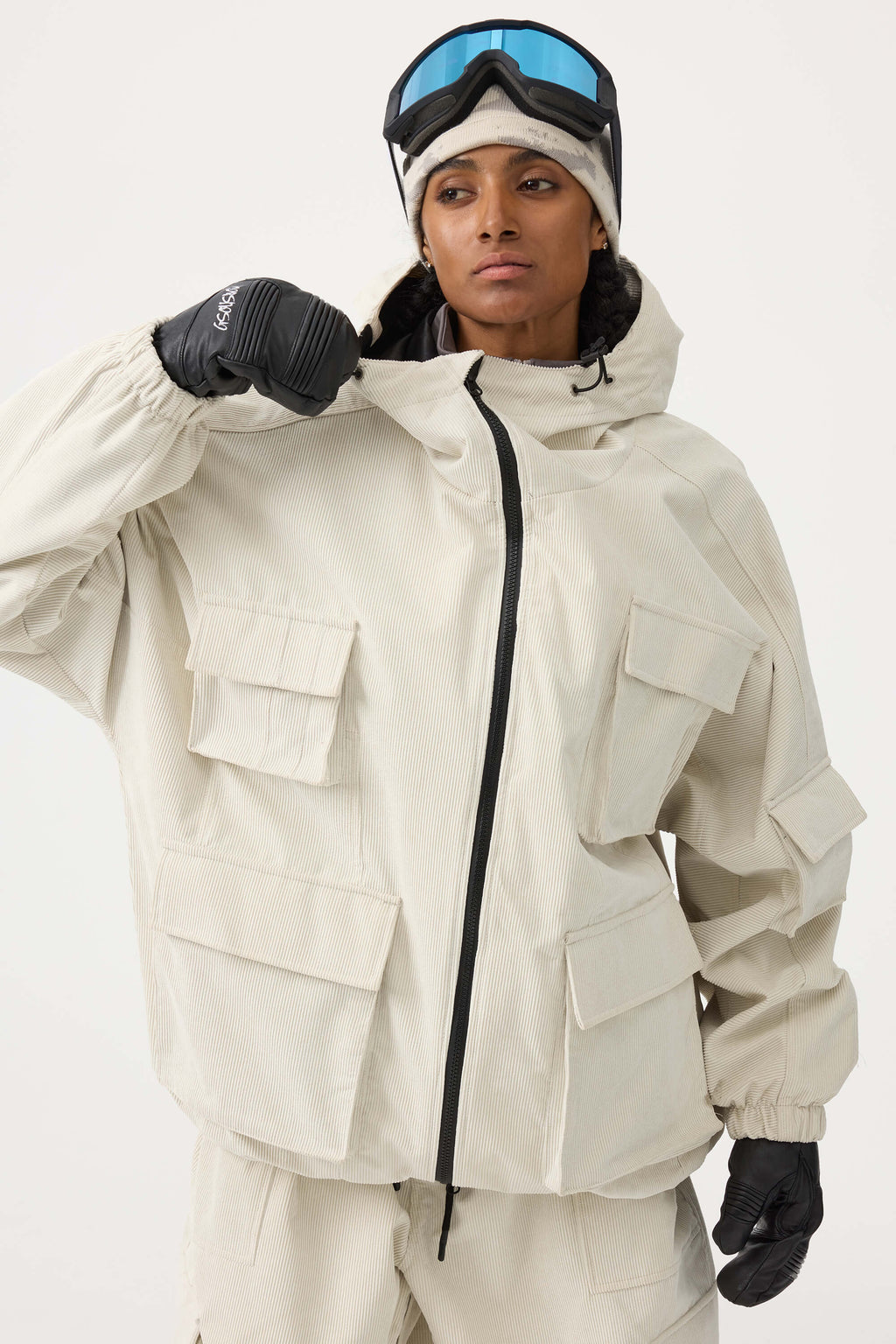 Women's Khaki Waterproof Corduroy Batwing Sleeve Large Pocket Snow Jacket - Gsou Snow