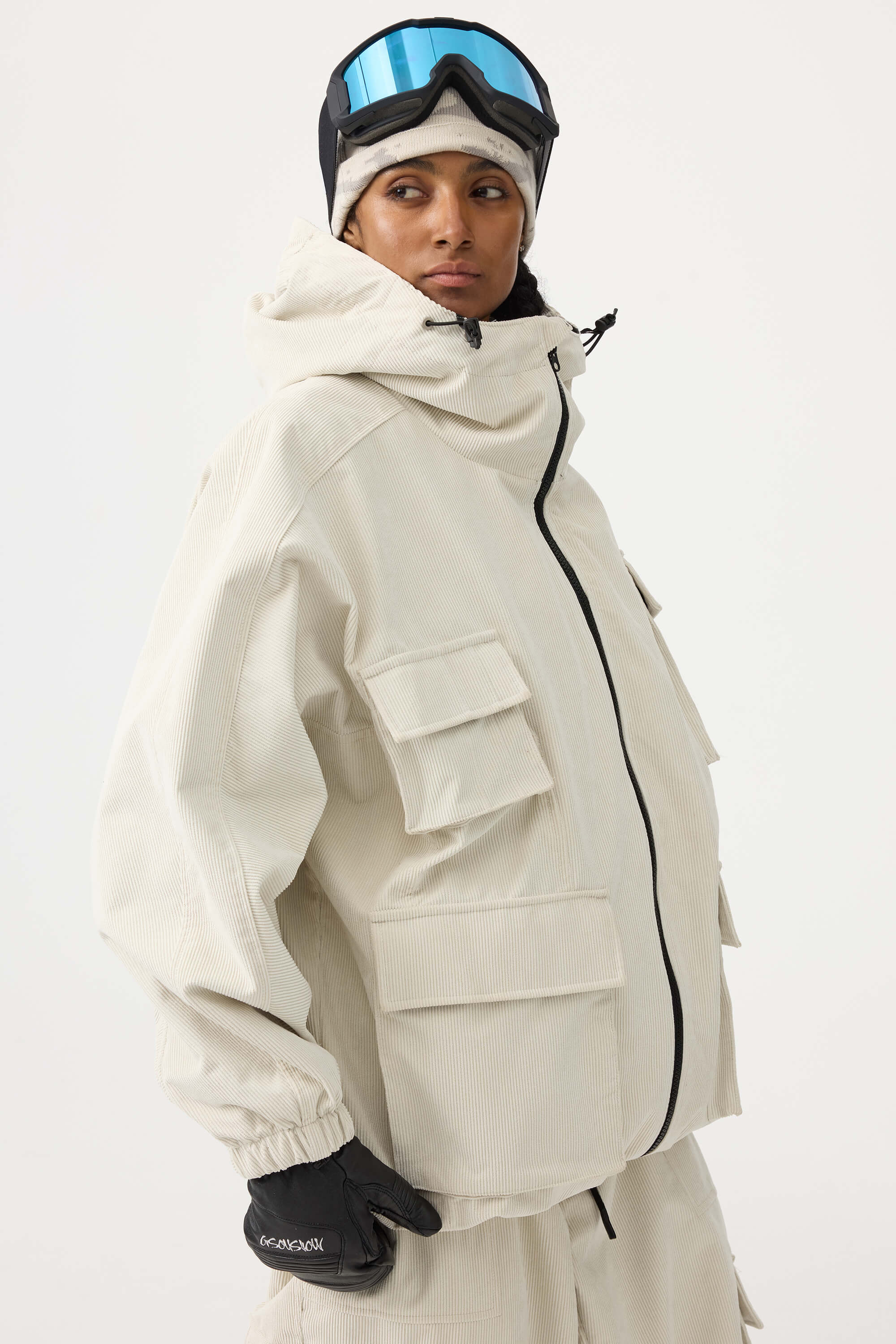 Women's Off White Waterproof Corduroy Batwing Sleeve Large Pocket Snow Jacket - Gsou Snow