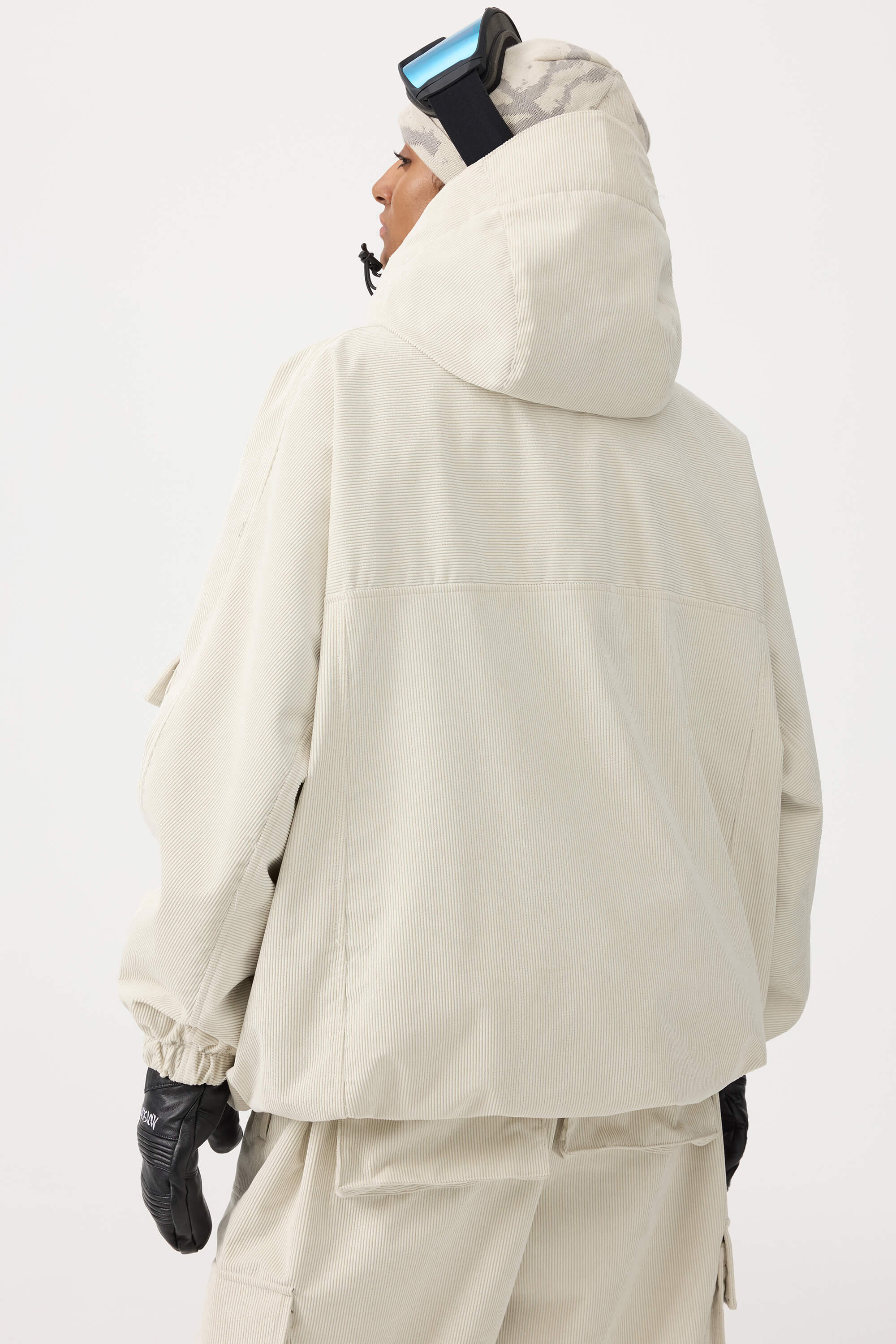 Women's Off White Waterproof Corduroy Batwing Sleeve Large Pocket Snow Jacket - Gsou Snow