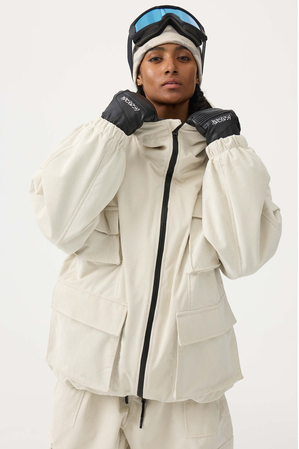 Women's Off White Waterproof Corduroy Batwing Sleeve Large Pocket Snow Jacket - Gsou Snow