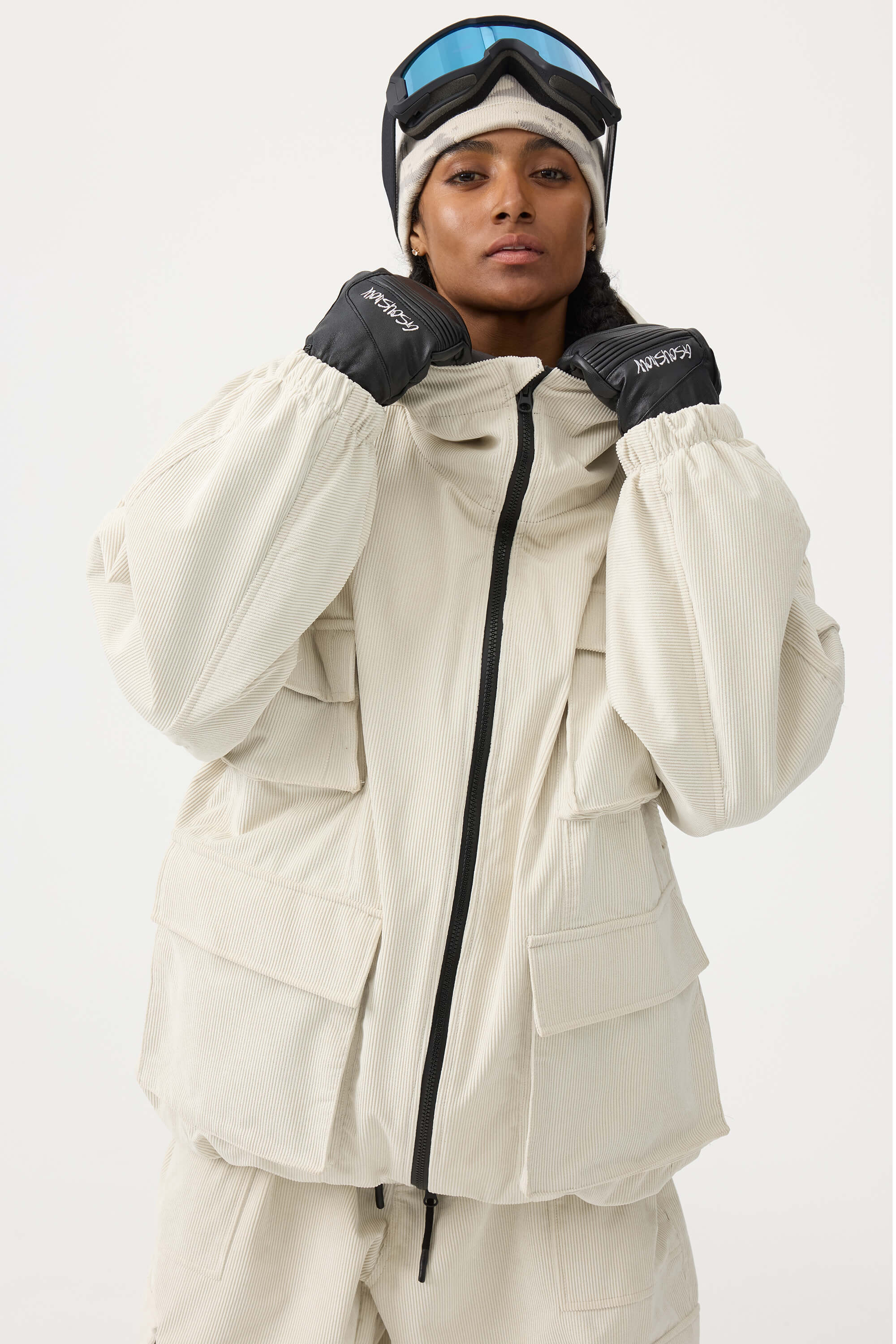 Women's Brick Red Waterproof Corduroy Batwing Sleeve Large Pocket Snow Jacket - Gsou Snow