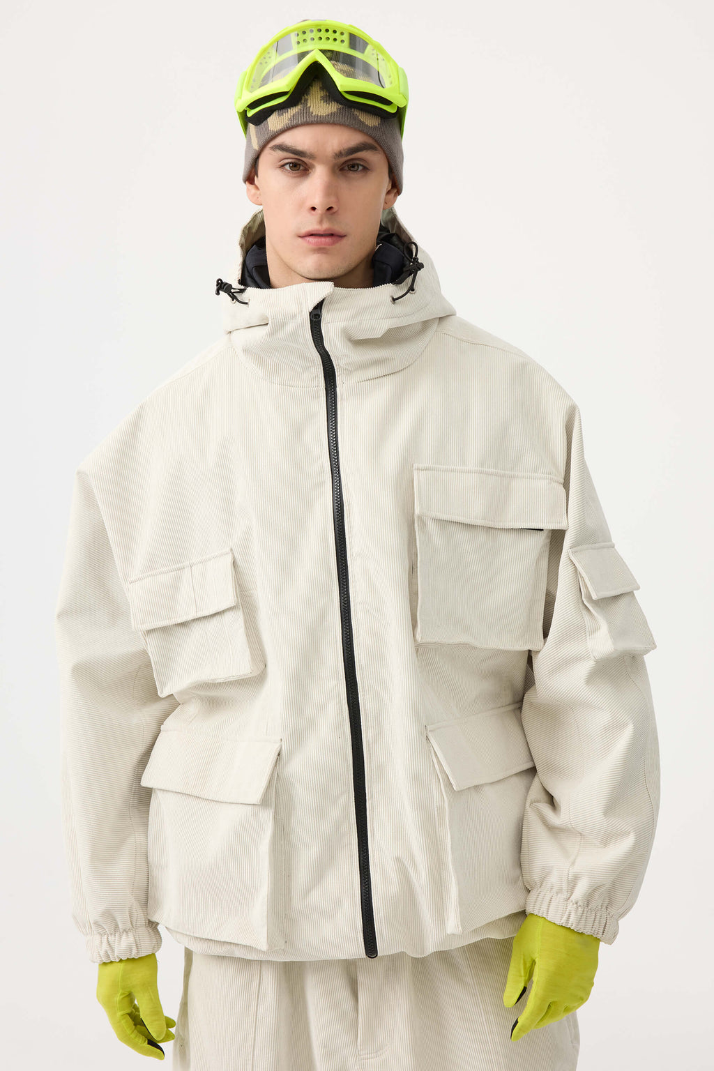 Men's Off White Waterproof Corduroy Batwing Sleeve Large Pocket Snow Jacket - Gsou Snow