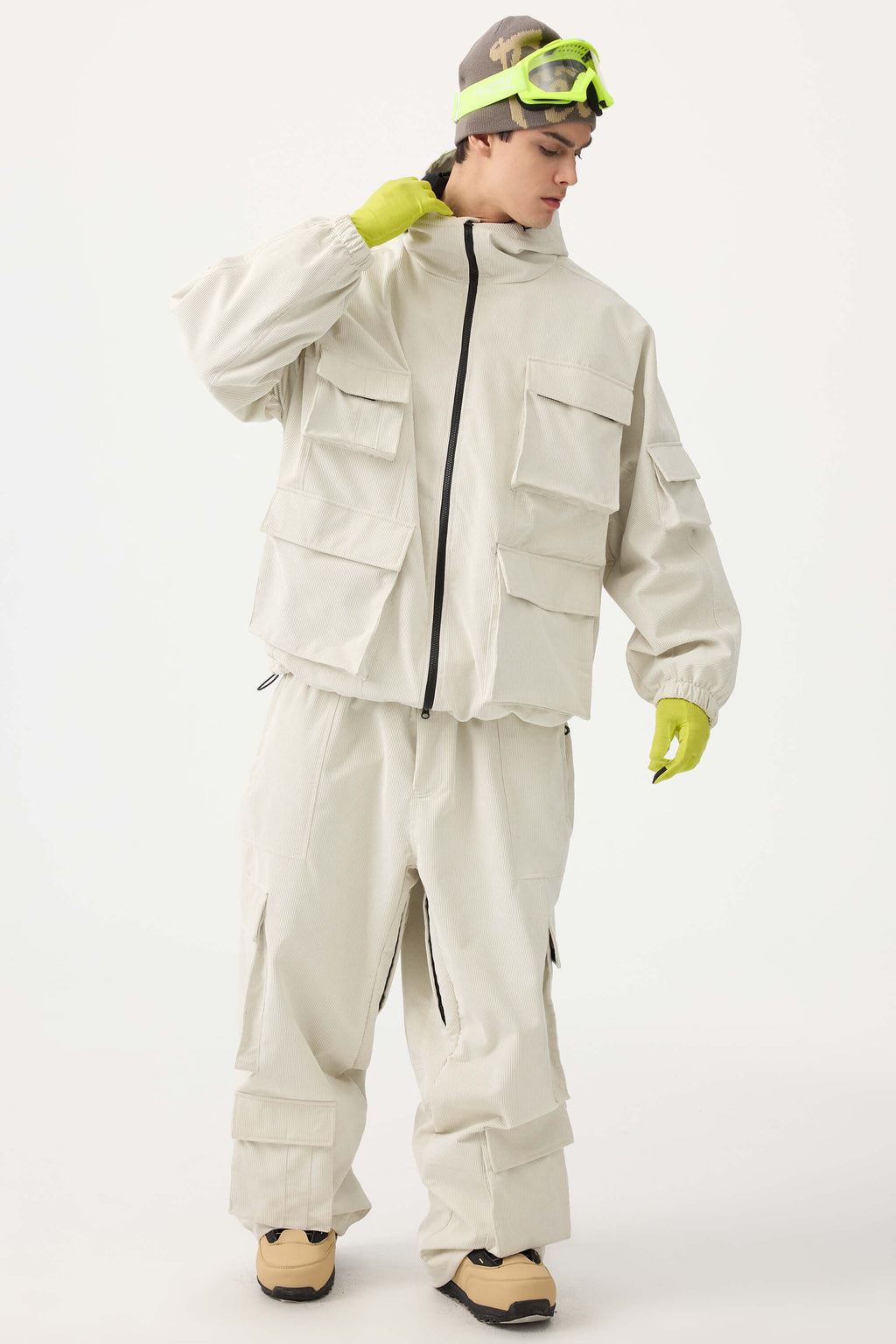 Men's Khaki Waterproof Corduroy Batwing Sleeve Large Pocket Snow Jacket - Gsou Snow