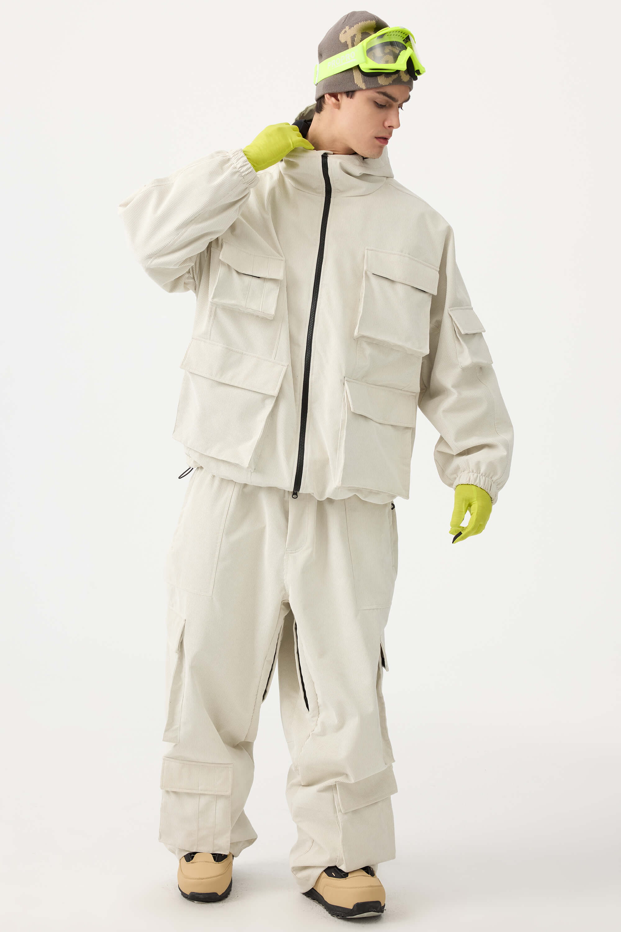 Men's Khaki Waterproof Corduroy Batwing Sleeve Large Pocket Snow Jacket - Gsou Snow