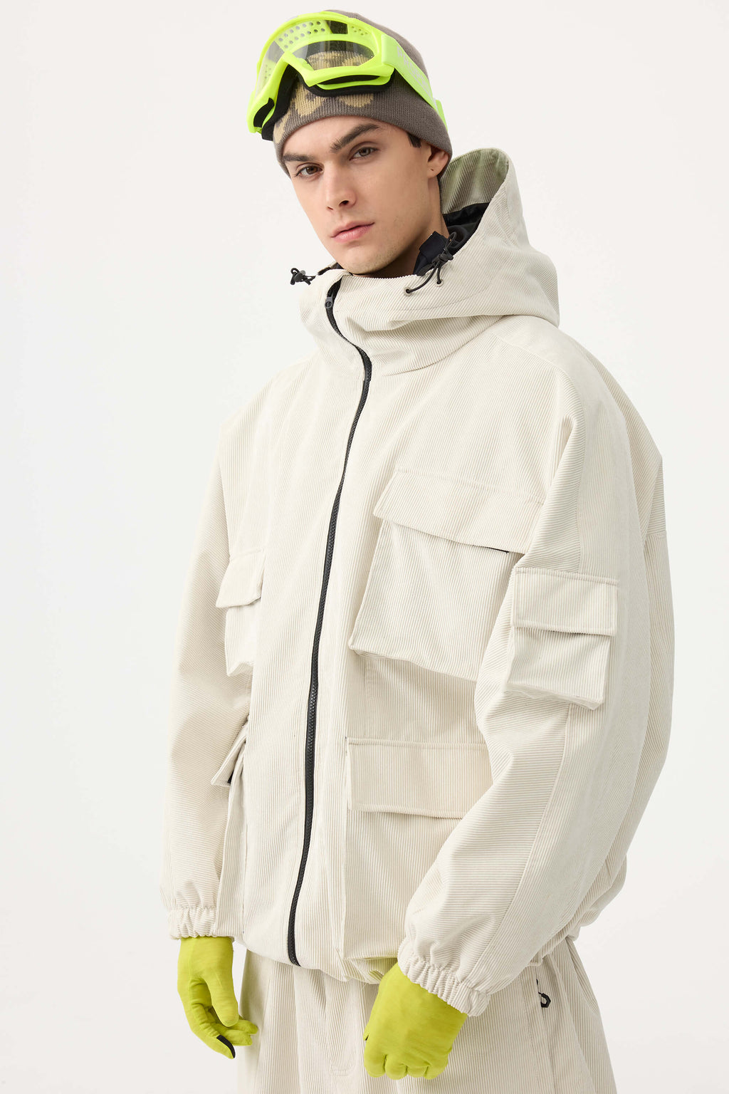 Men's Khaki Waterproof Corduroy Batwing Sleeve Large Pocket Snow Jacket - Gsou Snow