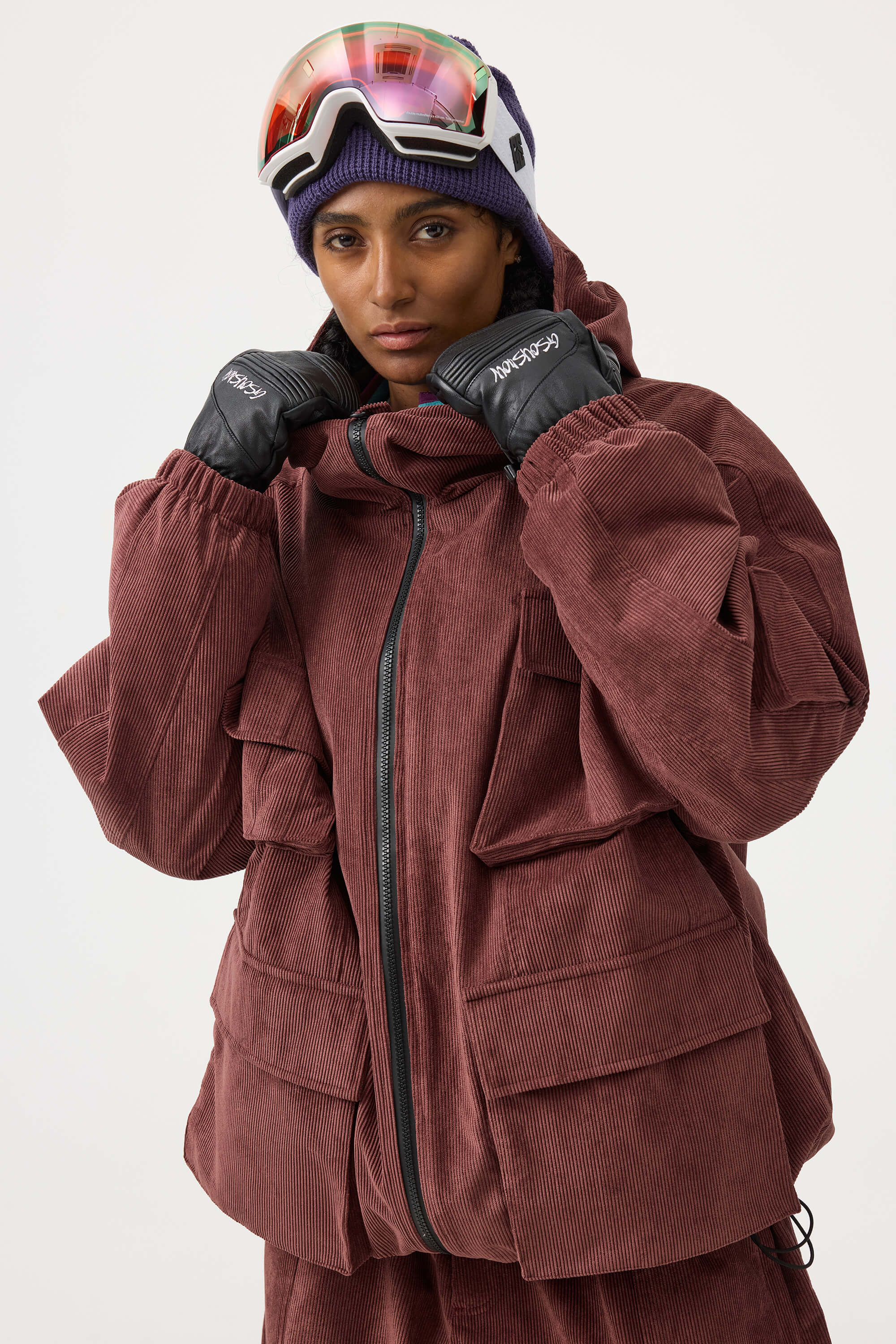 Women's Brick Red Waterproof Corduroy Batwing Sleeve Large Pocket Snow Jacket - Gsou Snow