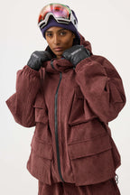 Women's Black Waterproof Corduroy Batwing Sleeve Large Pocket Snow Jacket - Gsou Snow