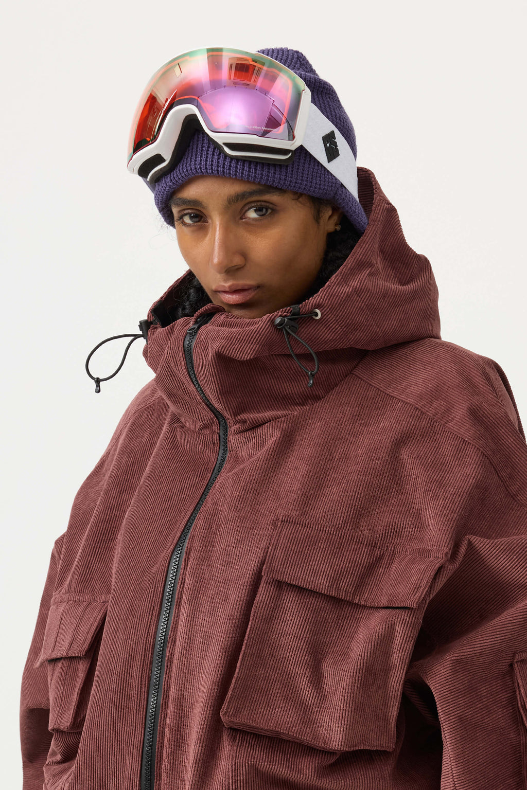 Women's Black Waterproof Corduroy Batwing Sleeve Large Pocket Snow Jacket - Gsou Snow