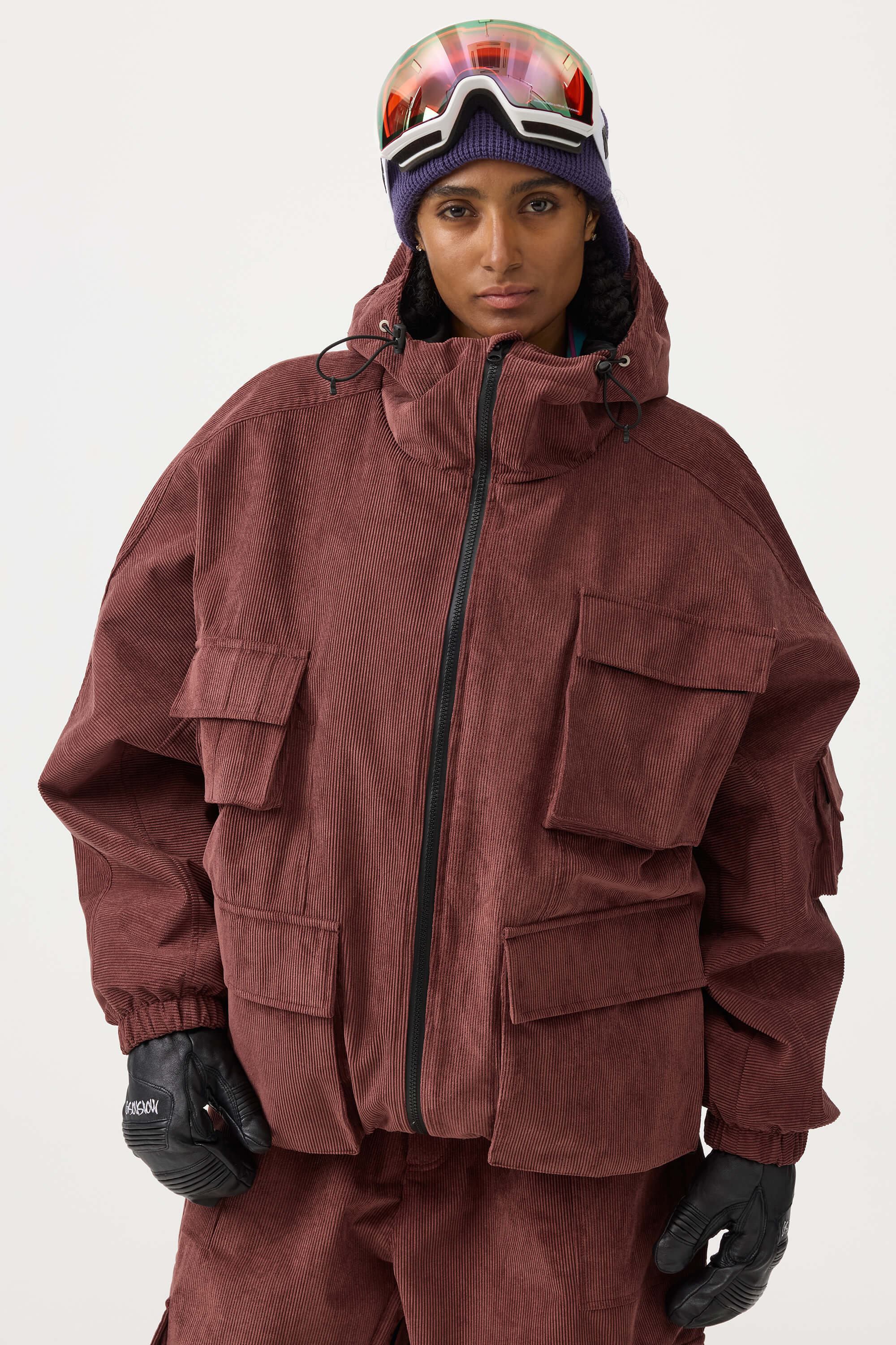 Women's Khaki Waterproof Corduroy Batwing Sleeve Large Pocket Snow Jacket - Gsou Snow