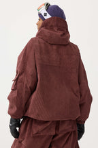 Women's Brick Red Waterproof Corduroy Batwing Sleeve Large Pocket Snow Jacket - Gsou Snow
