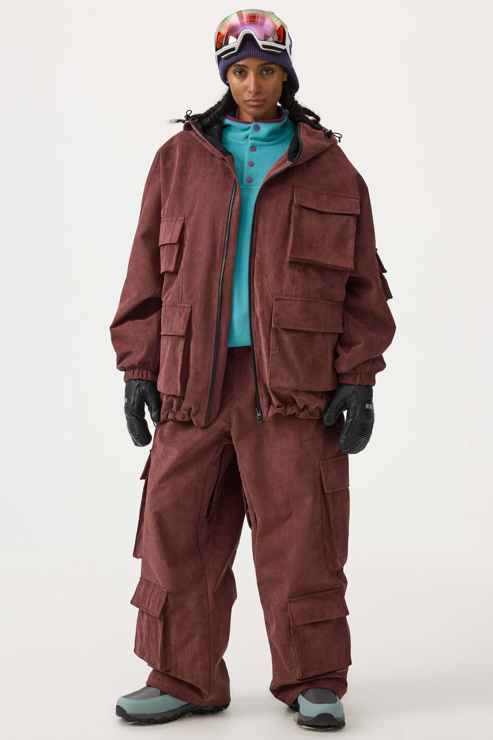 Women's Black Waterproof Corduroy Batwing Sleeve Large Pocket Snow Jacket - Gsou Snow