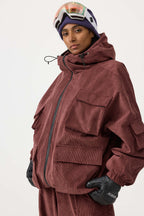 Women's Khaki Waterproof Corduroy Batwing Sleeve Large Pocket Snow Jacket - Gsou Snow