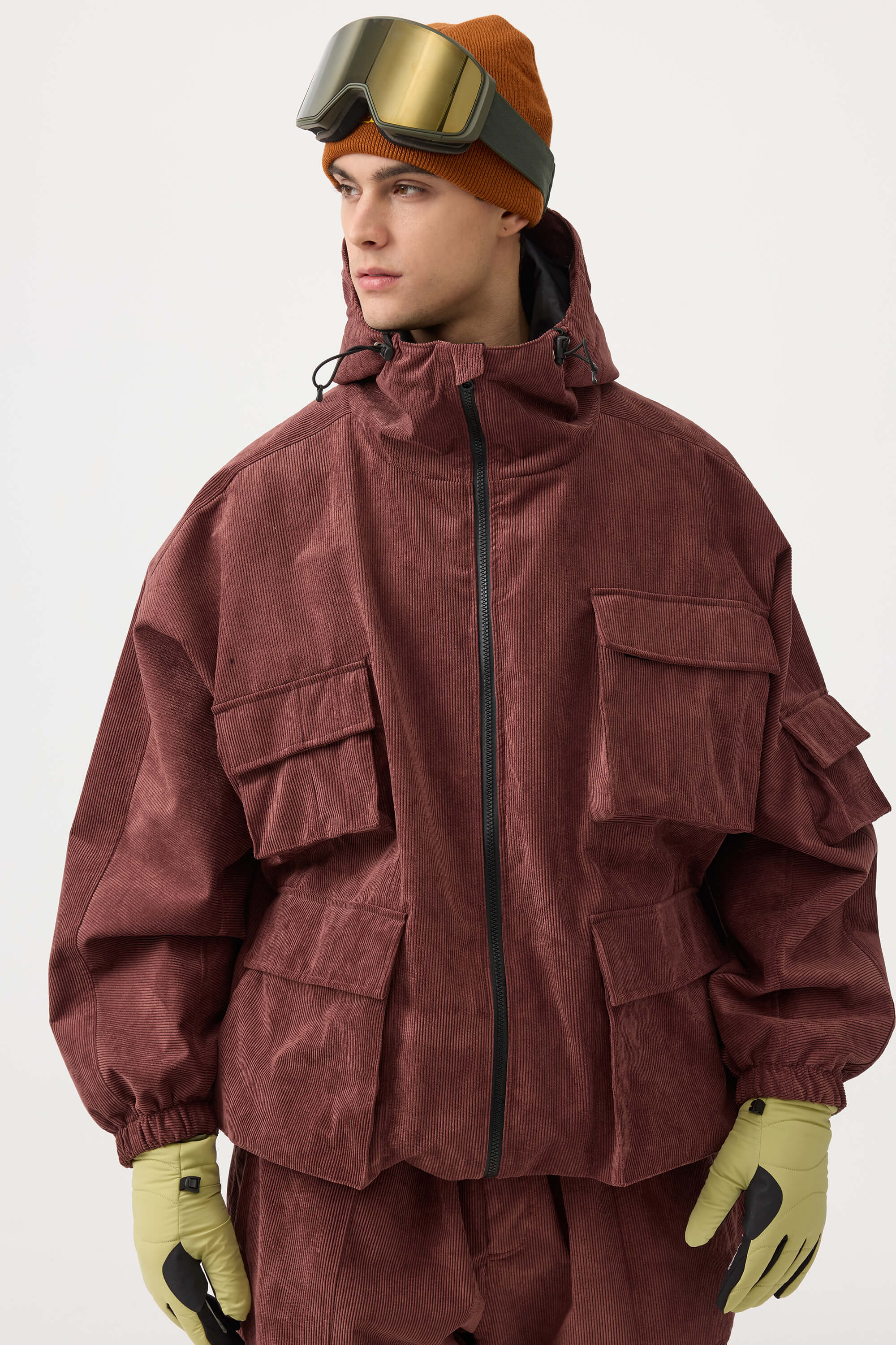 Men's Off White Waterproof Corduroy Batwing Sleeve Large Pocket Snow Jacket - Gsou Snow