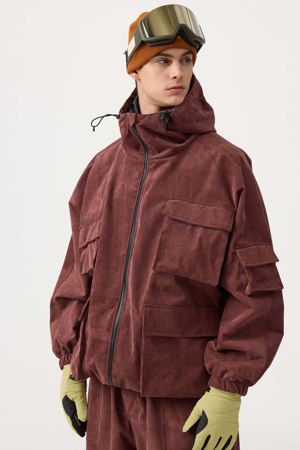 Men's Off White Waterproof Corduroy Batwing Sleeve Large Pocket Snow Jacket - Gsou Snow