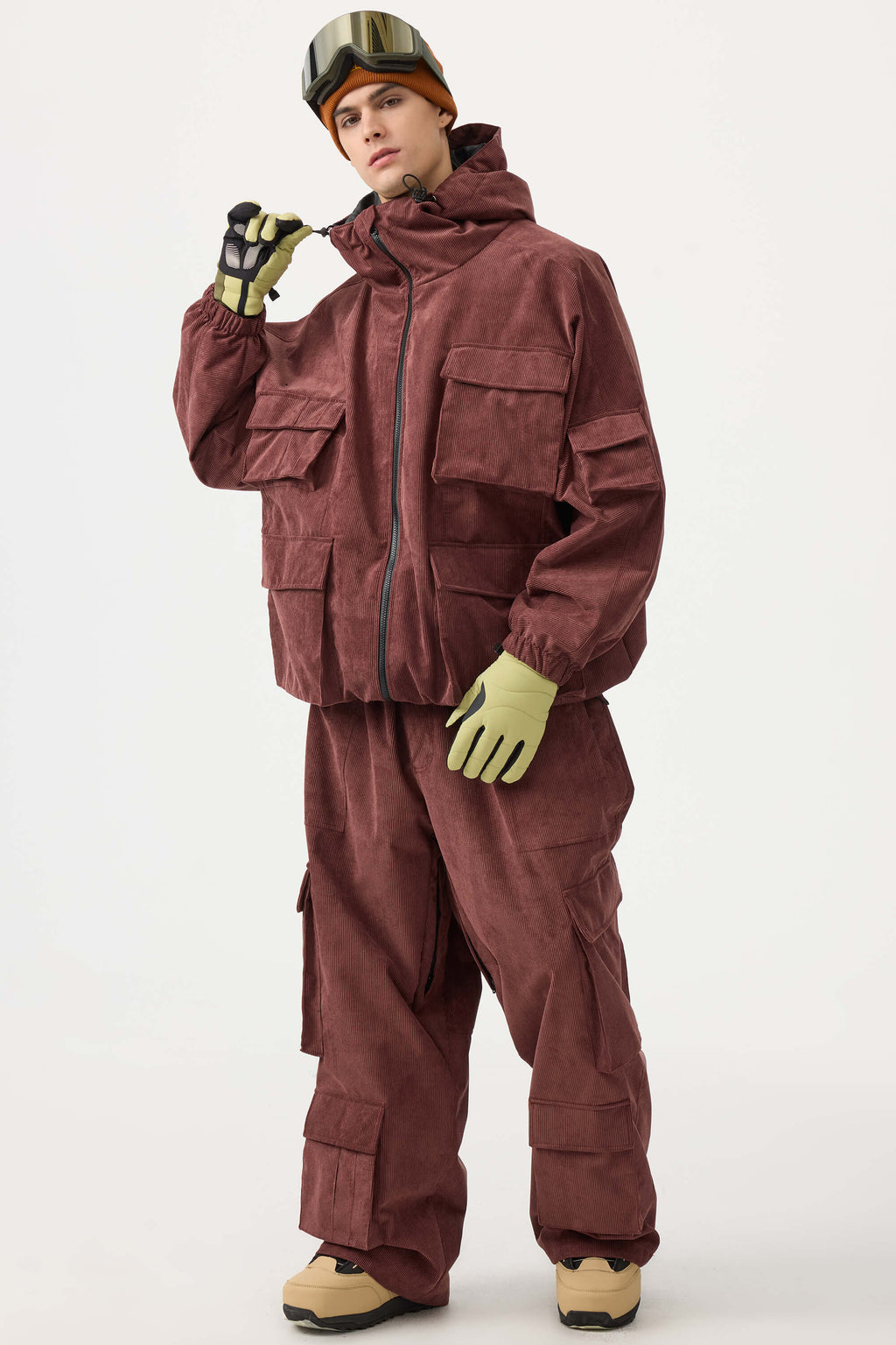 Men's Khaki Waterproof Corduroy Batwing Sleeve Large Pocket Snow Jacket - Gsou Snow