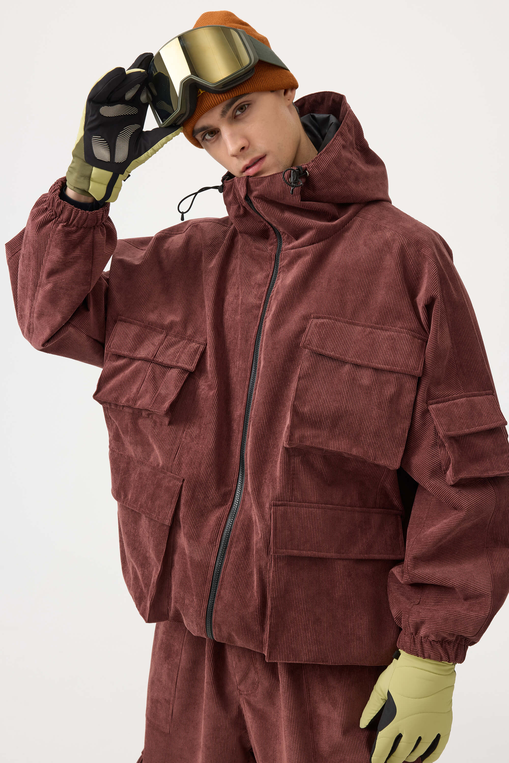 Men's Brick Red Waterproof Corduroy Batwing Sleeve Large Pocket Snow Jacket - Gsou Snow