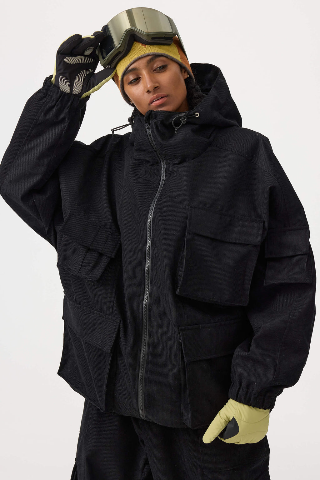Women's Off White Waterproof Corduroy Batwing Sleeve Large Pocket Snow Jacket - Gsou Snow
