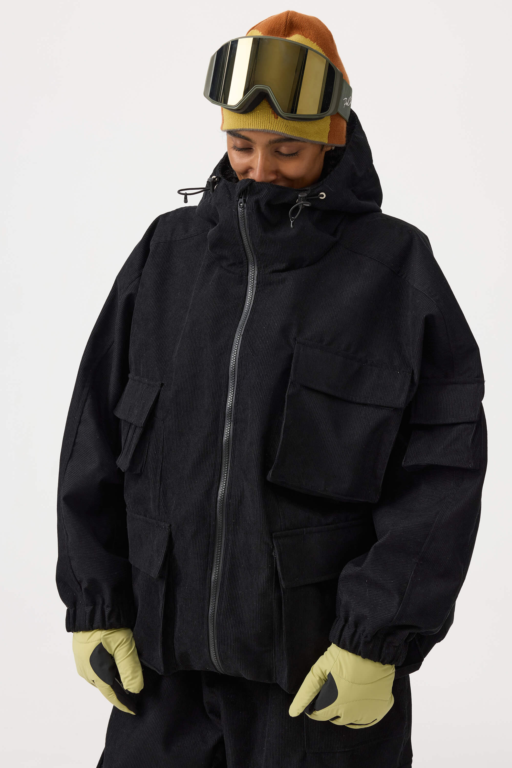 Women's Off White Waterproof Corduroy Batwing Sleeve Large Pocket Snow Jacket - Gsou Snow