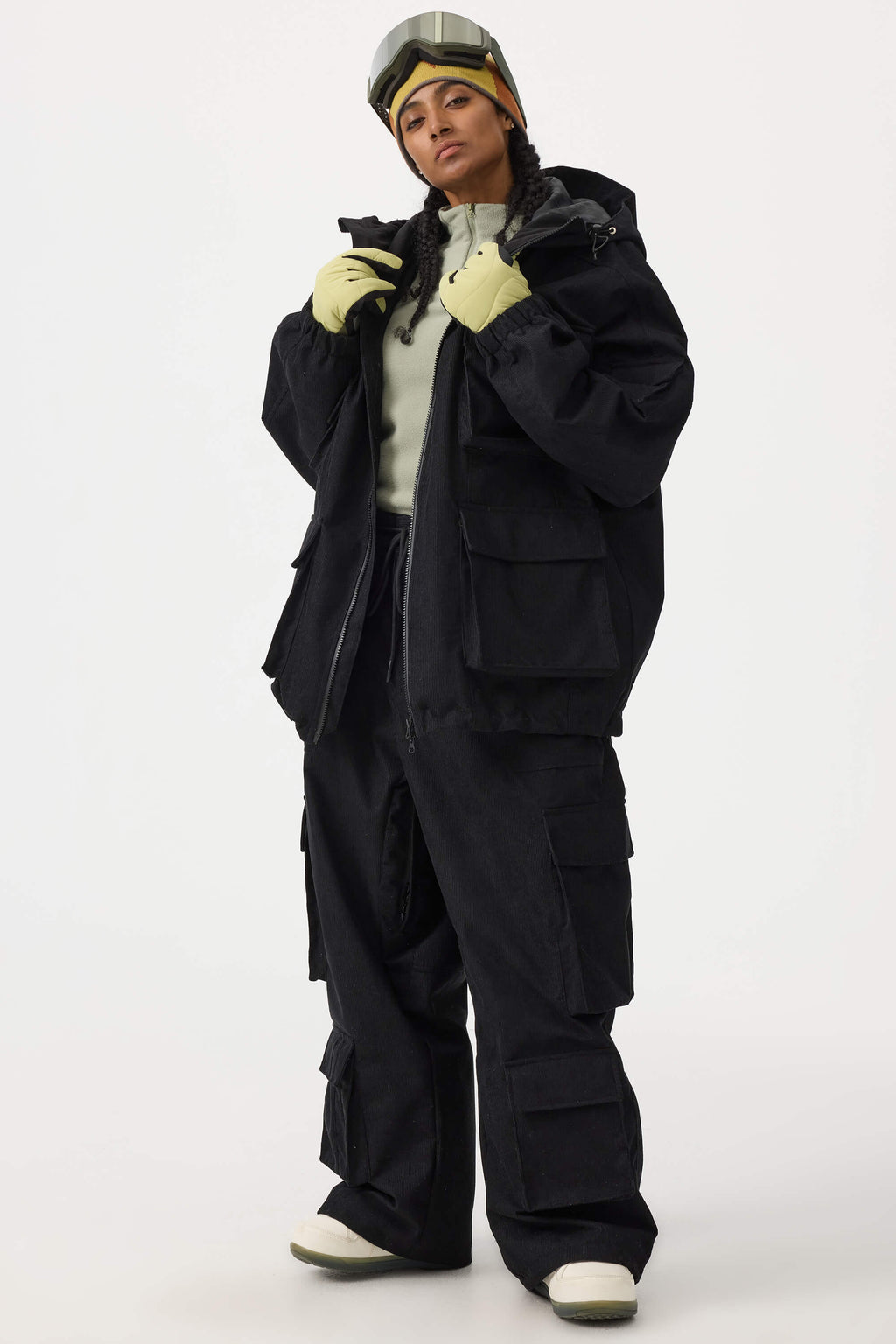 Women's Off White Waterproof Corduroy Batwing Sleeve Large Pocket Snow Jacket - Gsou Snow