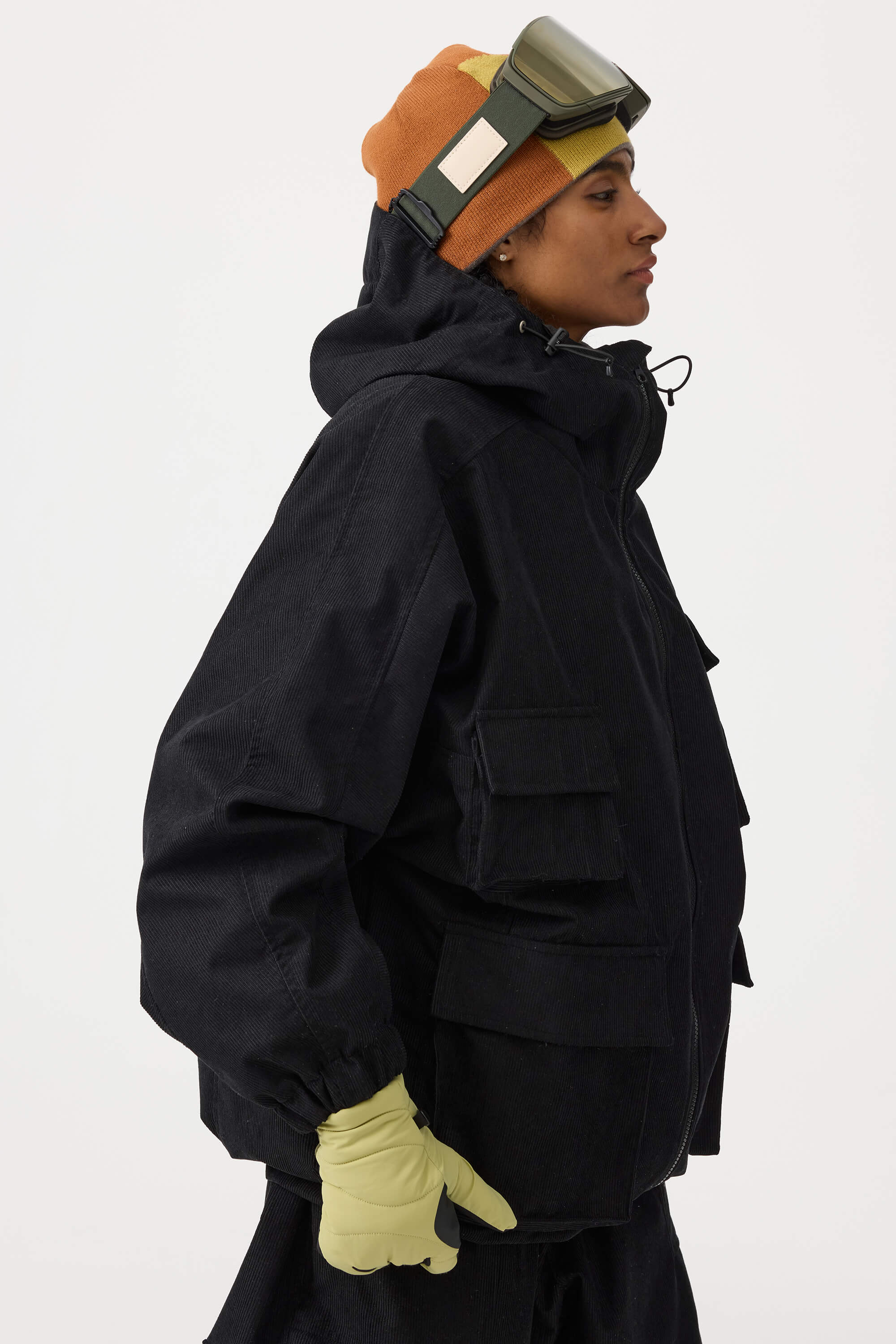 Women's Black Waterproof Corduroy Batwing Sleeve Large Pocket Snow Jacket - Gsou Snow