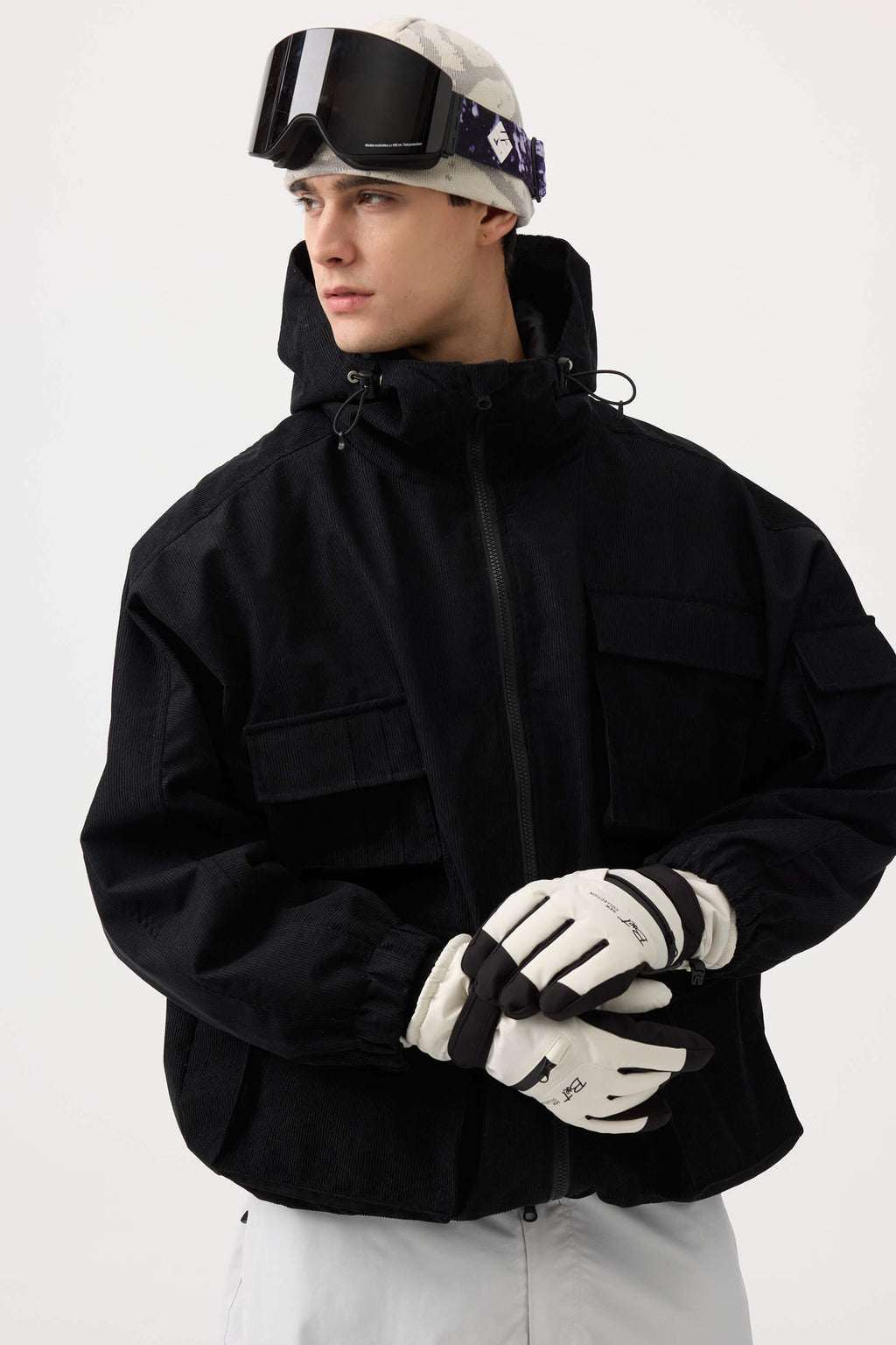 Men's Black Waterproof Corduroy Batwing Sleeve Large Pocket Snow Jacket - Gsou Snow