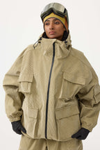 Women's Off White Waterproof Corduroy Batwing Sleeve Large Pocket Snow Jacket - Gsou Snow