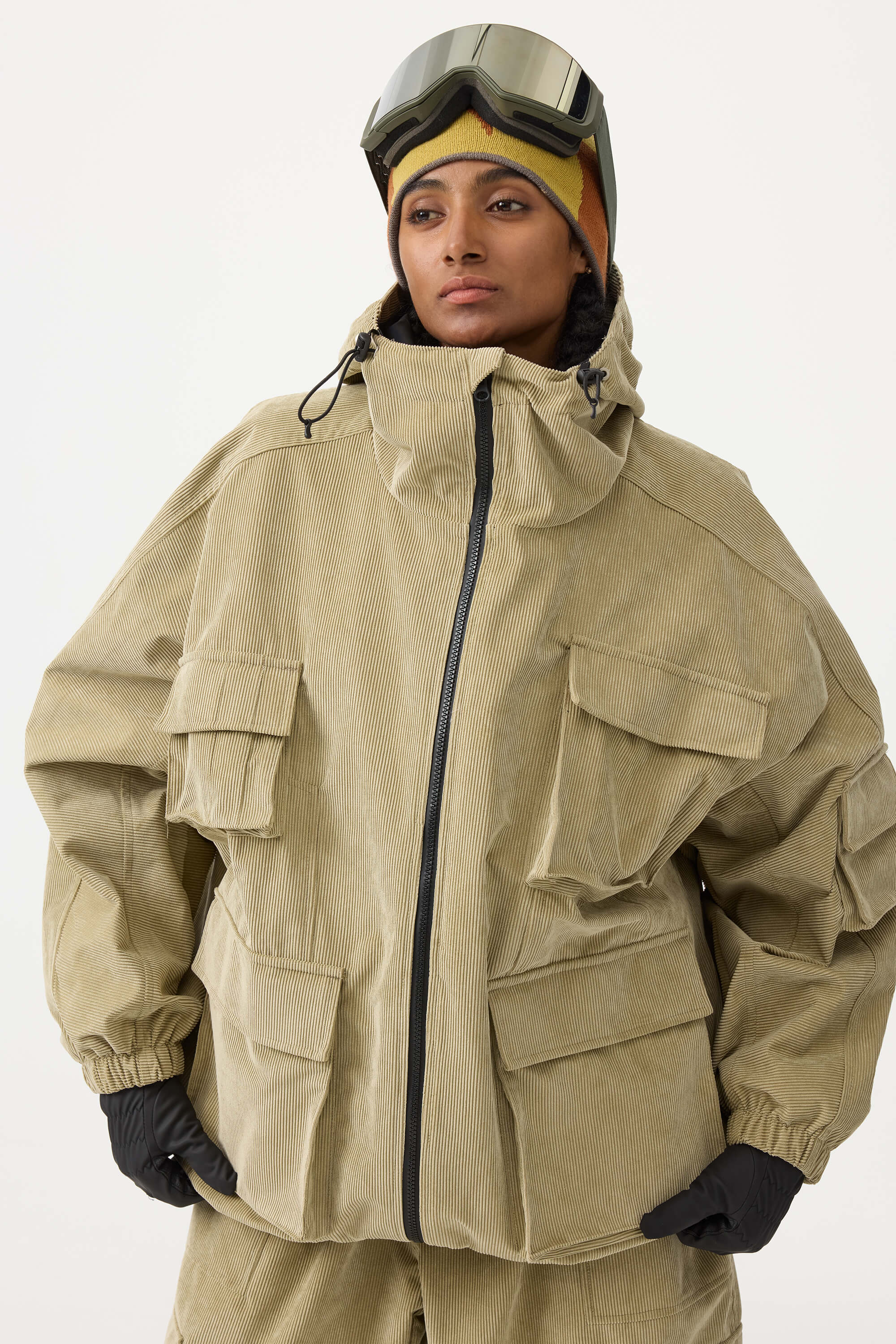 Women's Off White Waterproof Corduroy Batwing Sleeve Large Pocket Snow Jacket - Gsou Snow
