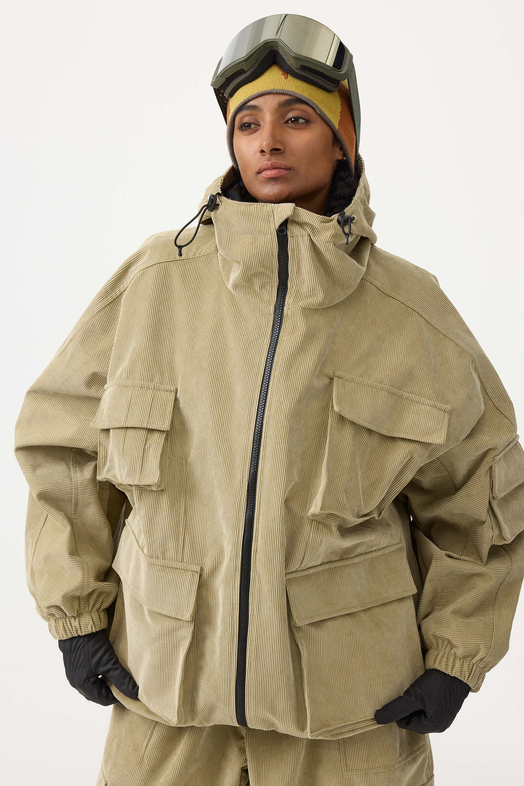 Women's Black Waterproof Corduroy Batwing Sleeve Large Pocket Snow Jacket - Gsou Snow