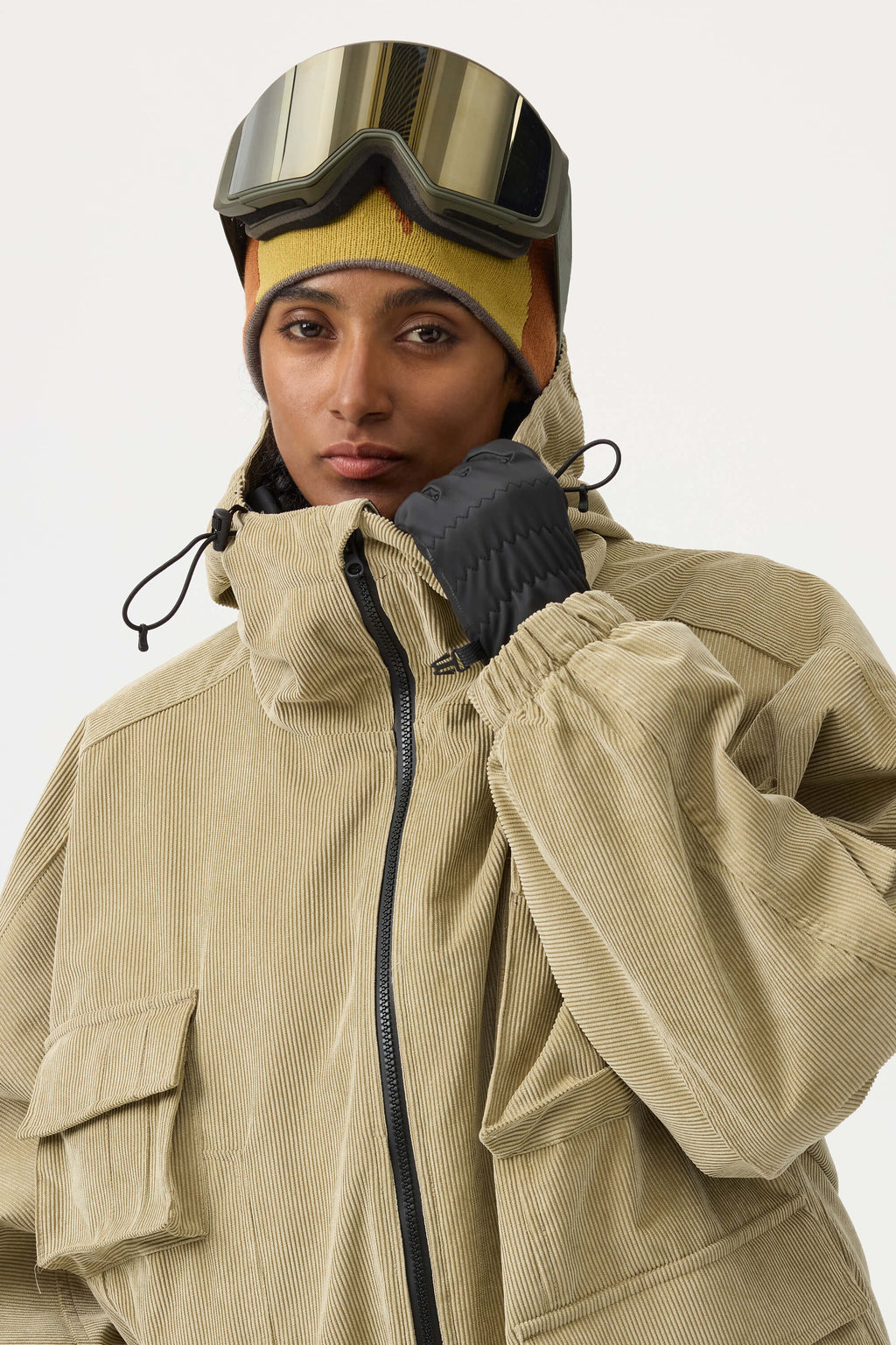 Women's Brick Red Waterproof Corduroy Batwing Sleeve Large Pocket Snow Jacket - Gsou Snow