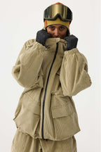 Women's Black Waterproof Corduroy Batwing Sleeve Large Pocket Snow Jacket - Gsou Snow