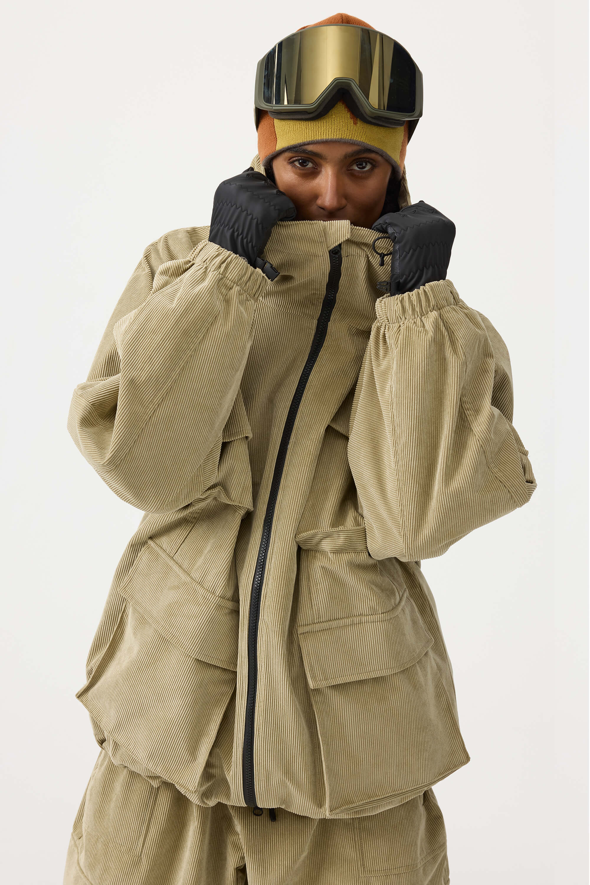 Women's Brick Red Waterproof Corduroy Batwing Sleeve Large Pocket Snow Jacket - Gsou Snow