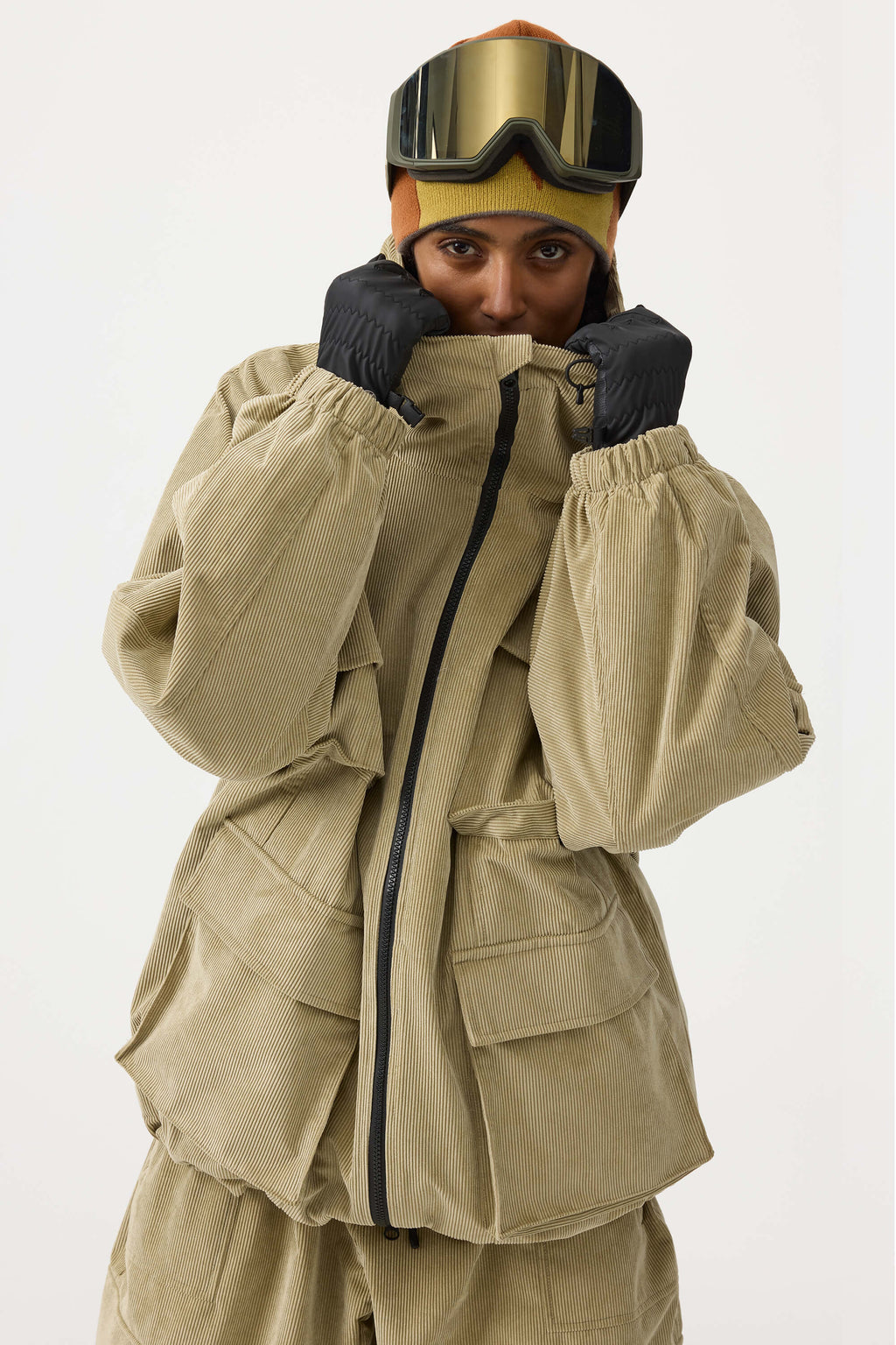Women's Khaki Waterproof Corduroy Batwing Sleeve Large Pocket Snow Jacket - Gsou Snow