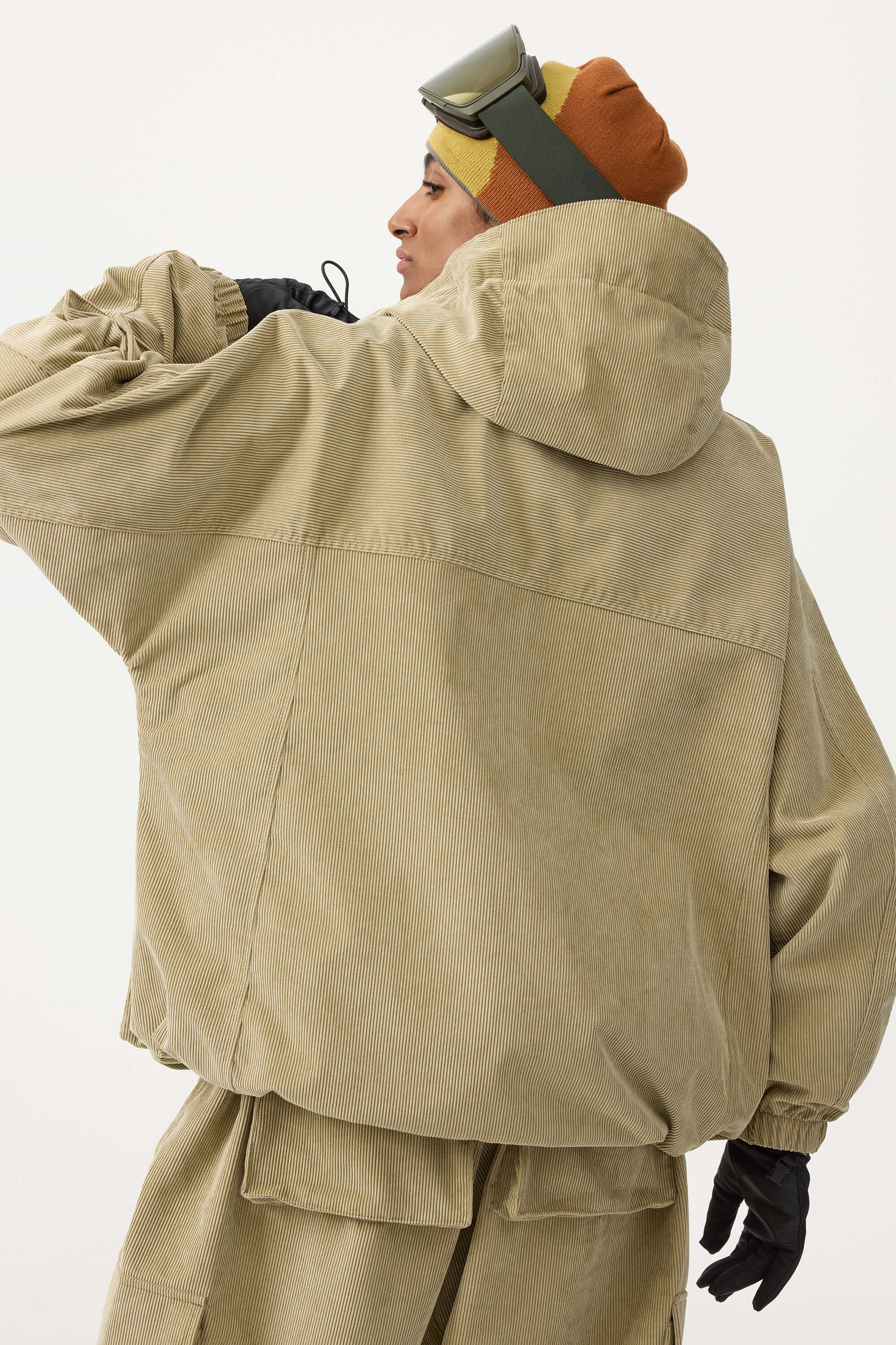Women's Off White Waterproof Corduroy Batwing Sleeve Large Pocket Snow Jacket - Gsou Snow