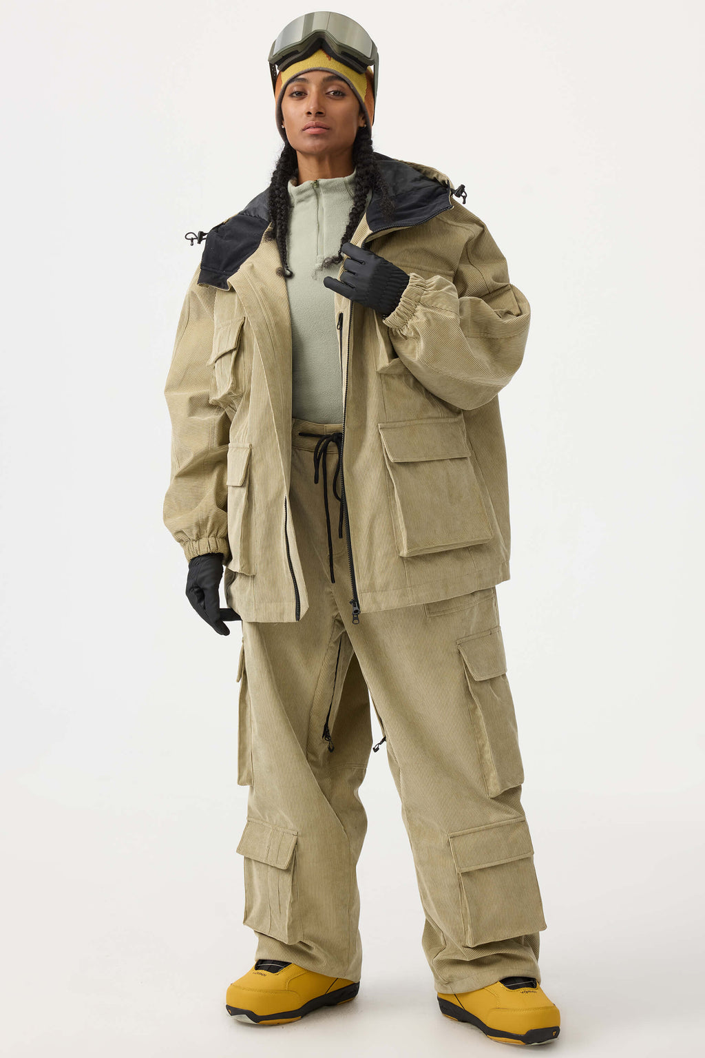 Women's Off White Waterproof Corduroy Batwing Sleeve Large Pocket Snow Jacket - Gsou Snow