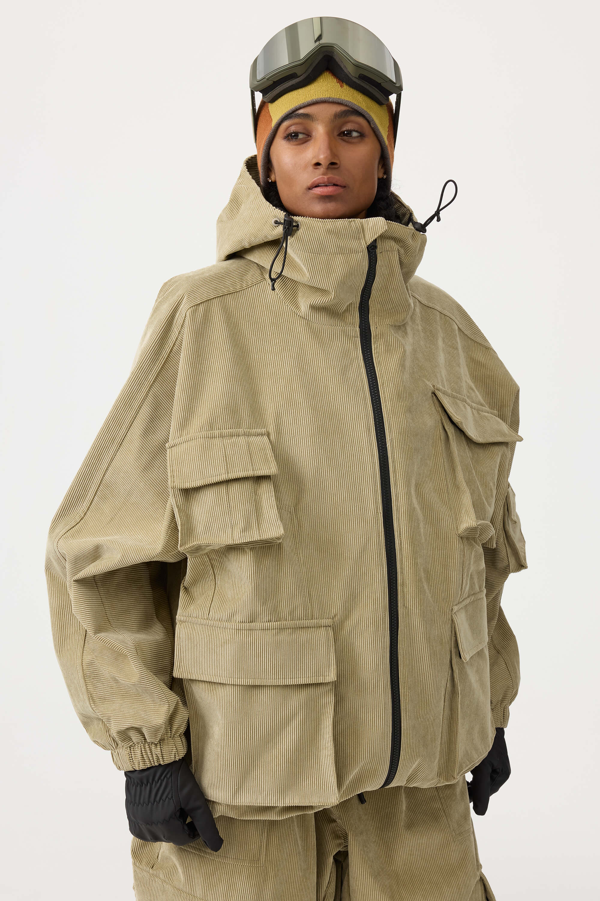 Women's Khaki Waterproof Corduroy Batwing Sleeve Large Pocket Snow Jacket - Gsou Snow
