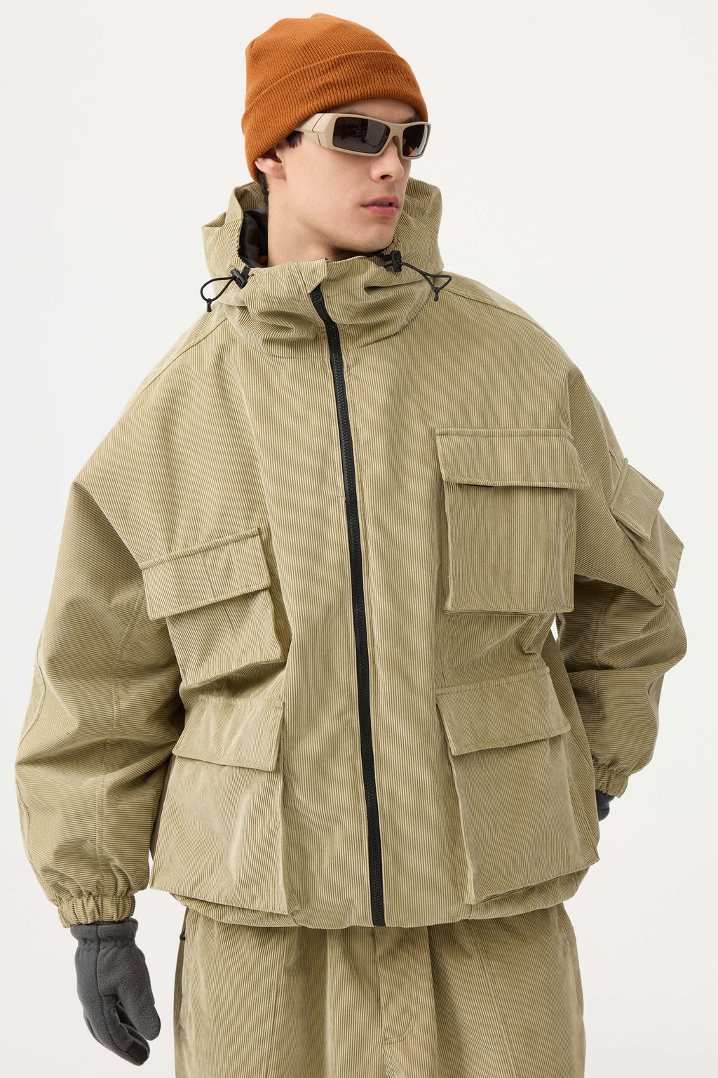 Men's Khaki Waterproof Corduroy Batwing Sleeve Large Pocket Snow Jacket - Gsou Snow