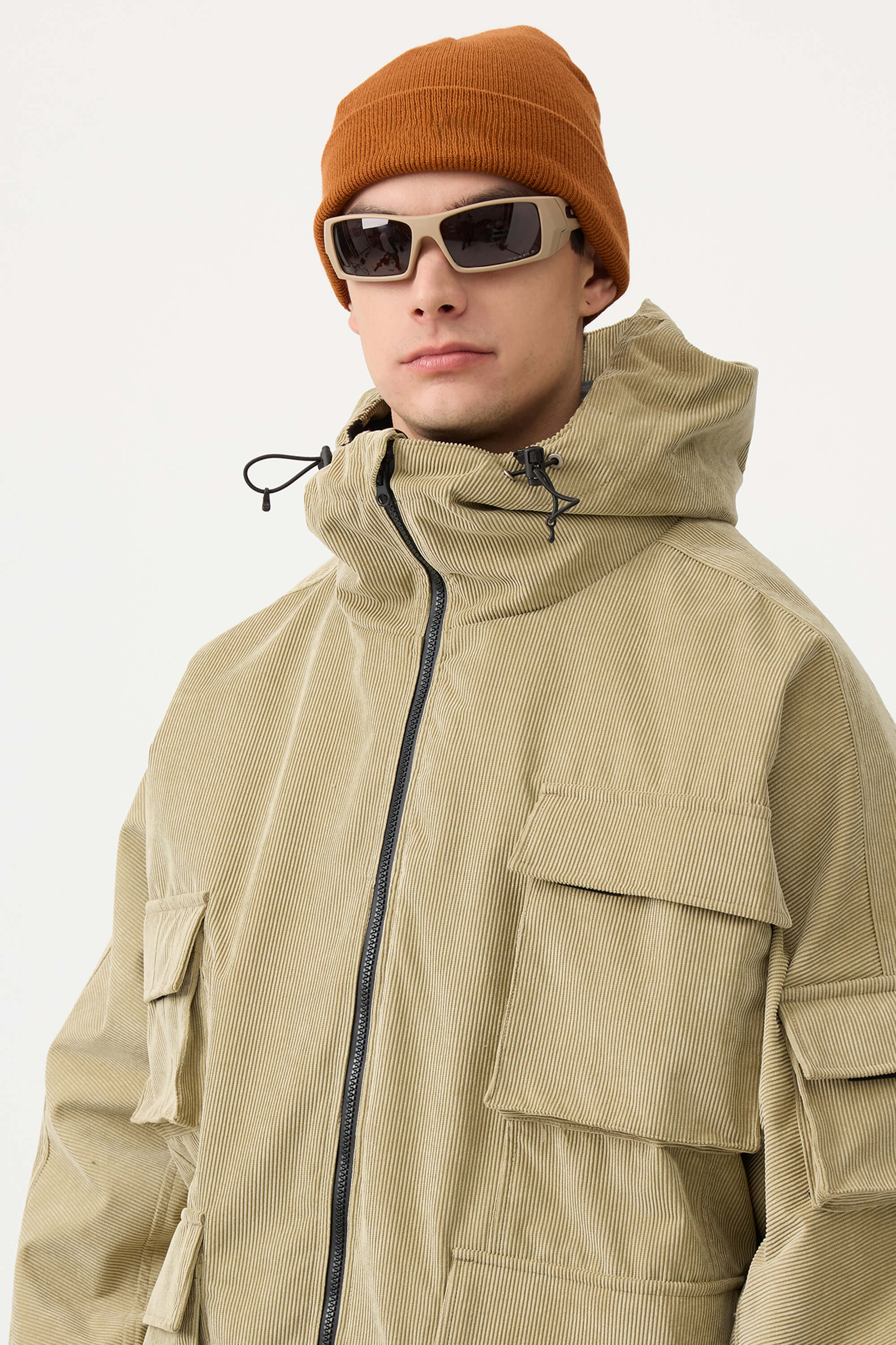 Men's Off White Waterproof Corduroy Batwing Sleeve Large Pocket Snow Jacket - Gsou Snow