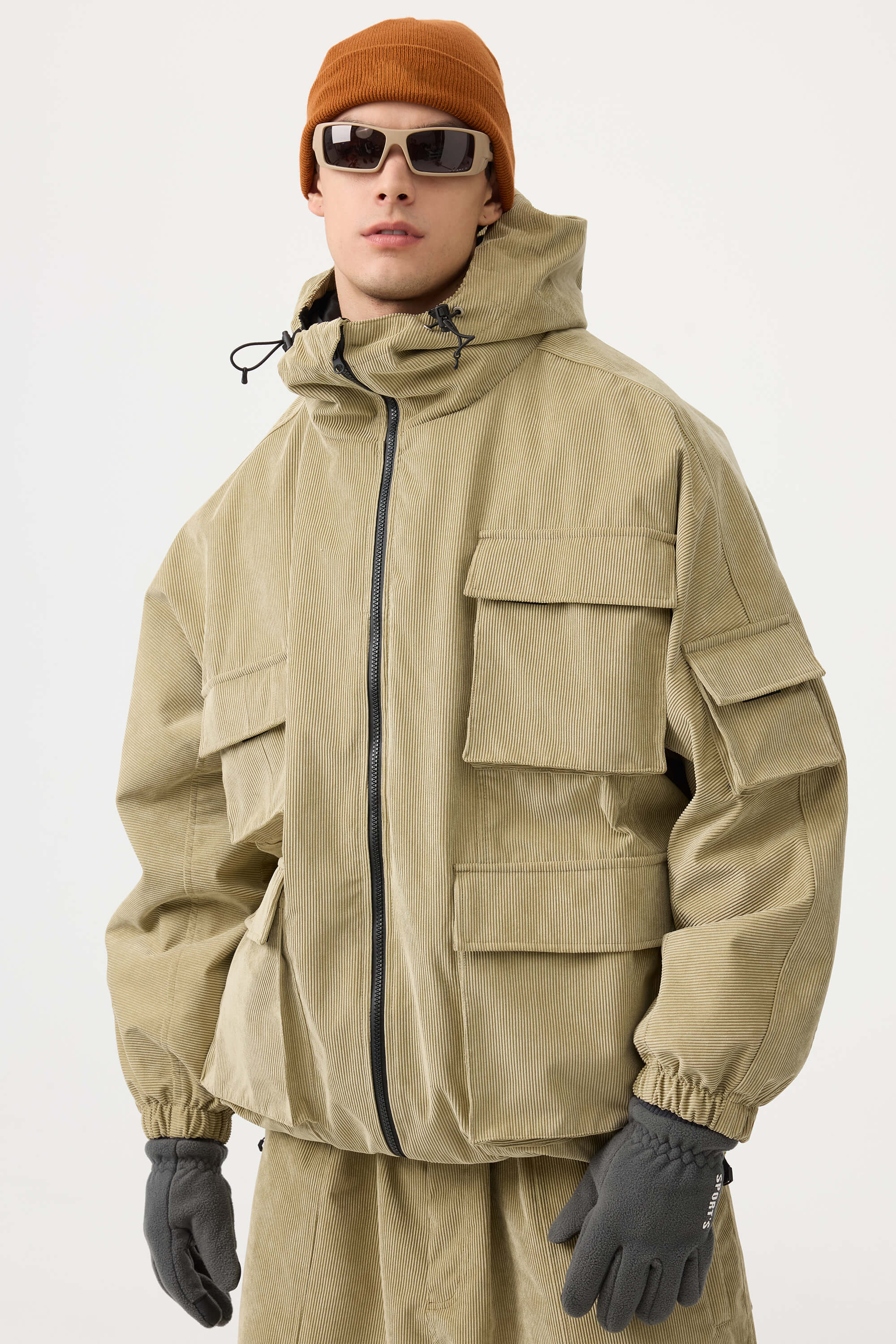 Men's Black Waterproof Corduroy Batwing Sleeve Large Pocket Snow Jacket - Gsou Snow