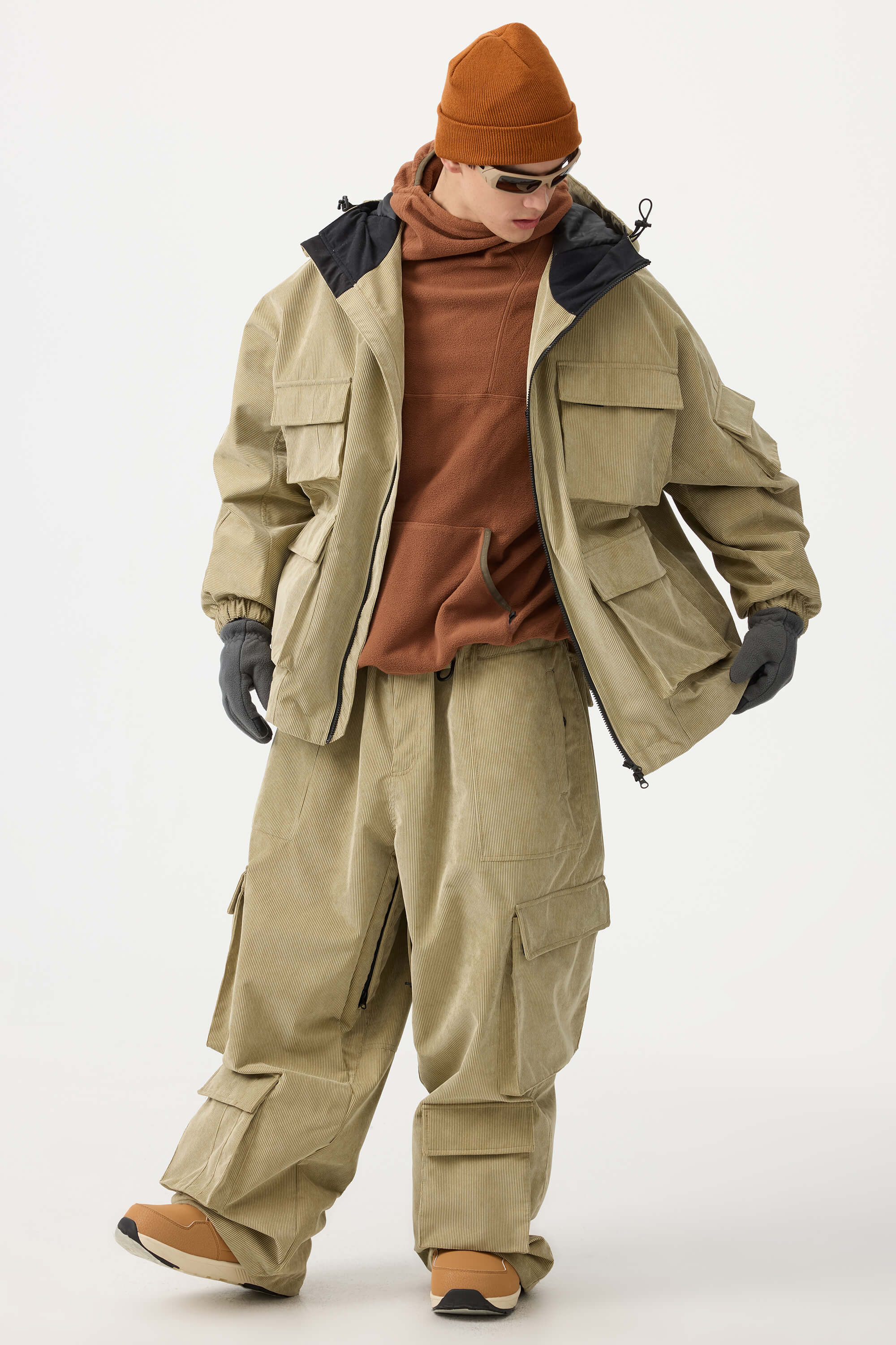Men's Khaki Waterproof Corduroy Batwing Sleeve Large Pocket Snow Jacket - Gsou Snow
