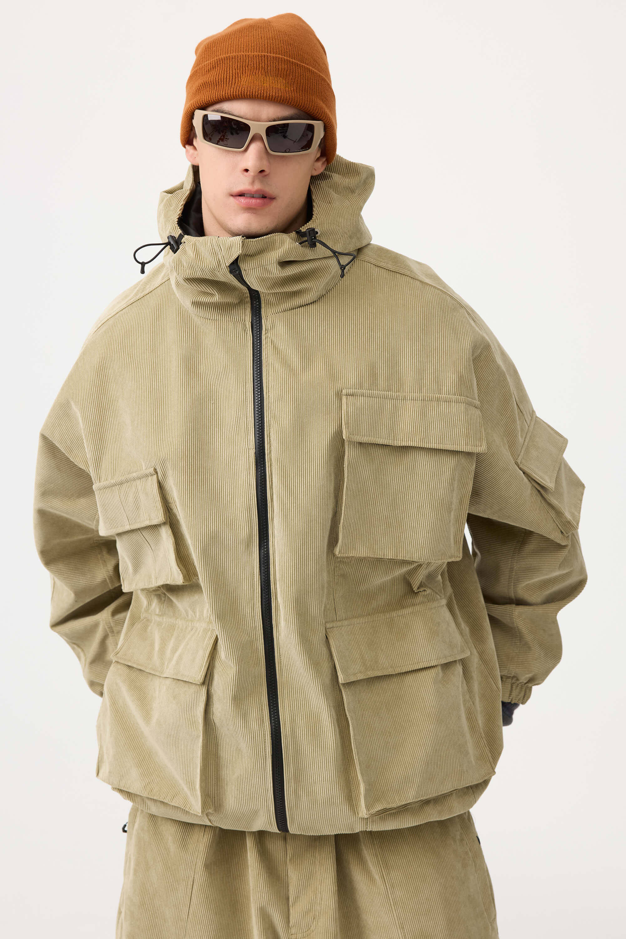Men's Black Waterproof Corduroy Batwing Sleeve Large Pocket Snow Jacket - Gsou Snow