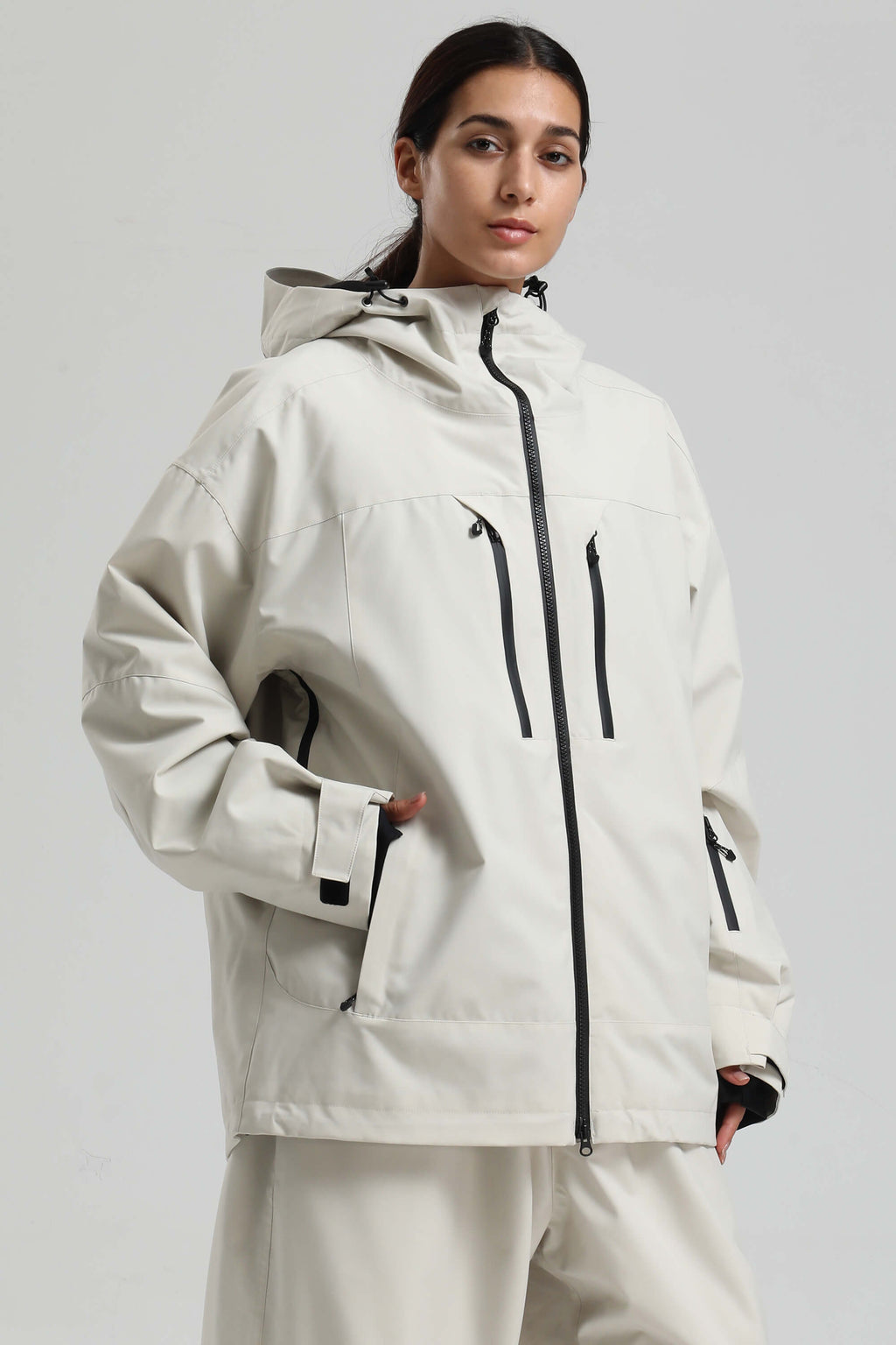 Women's Off White Multi-Pocket Dual-Vent Snow Jacket Waterproof Insulated Ski Jacket - Gsou Snow