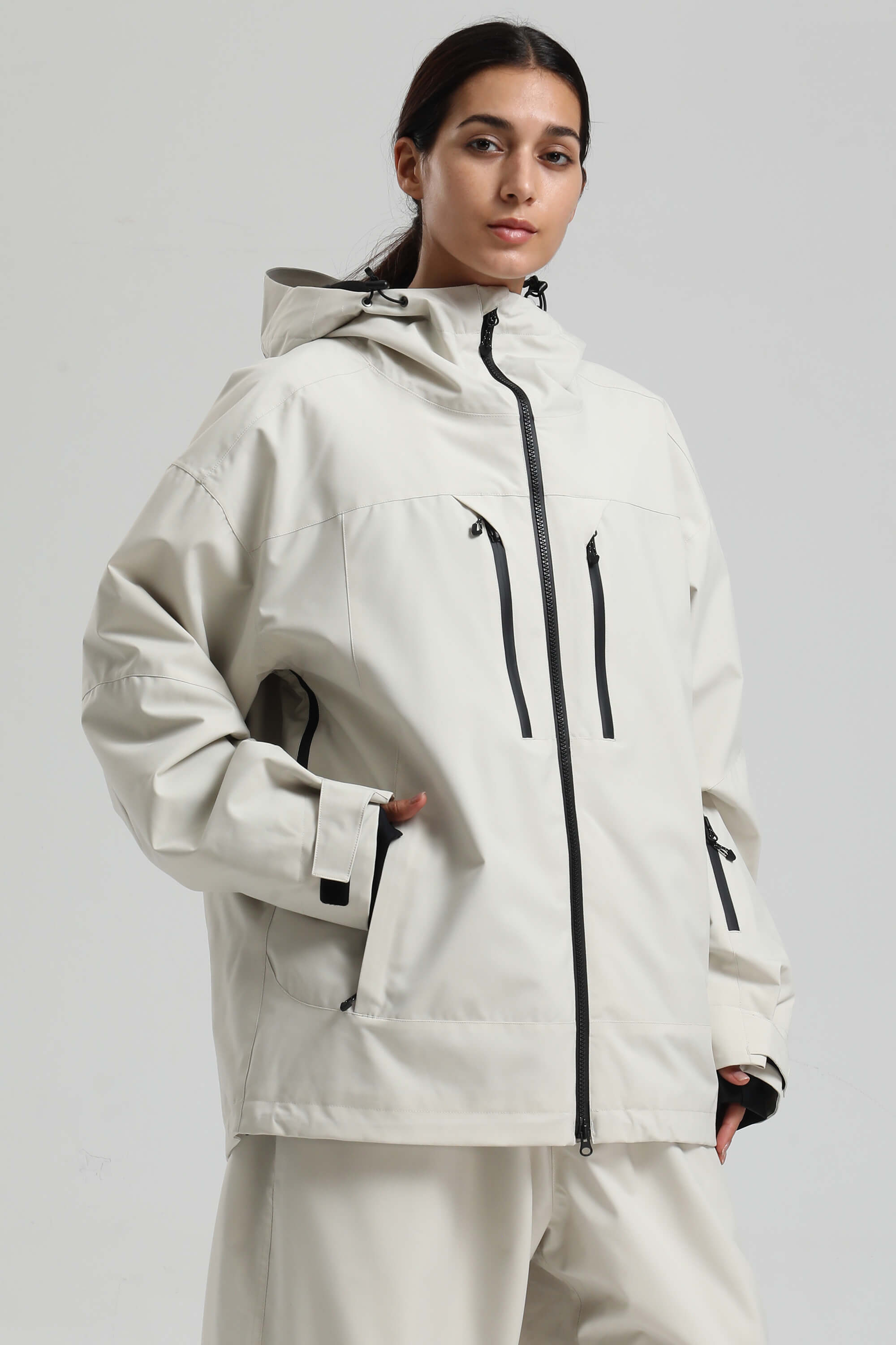 Women's Off White Multi-Pocket Dual-Vent Snow Jacket Waterproof Insulated Ski Jacket - Gsou Snow