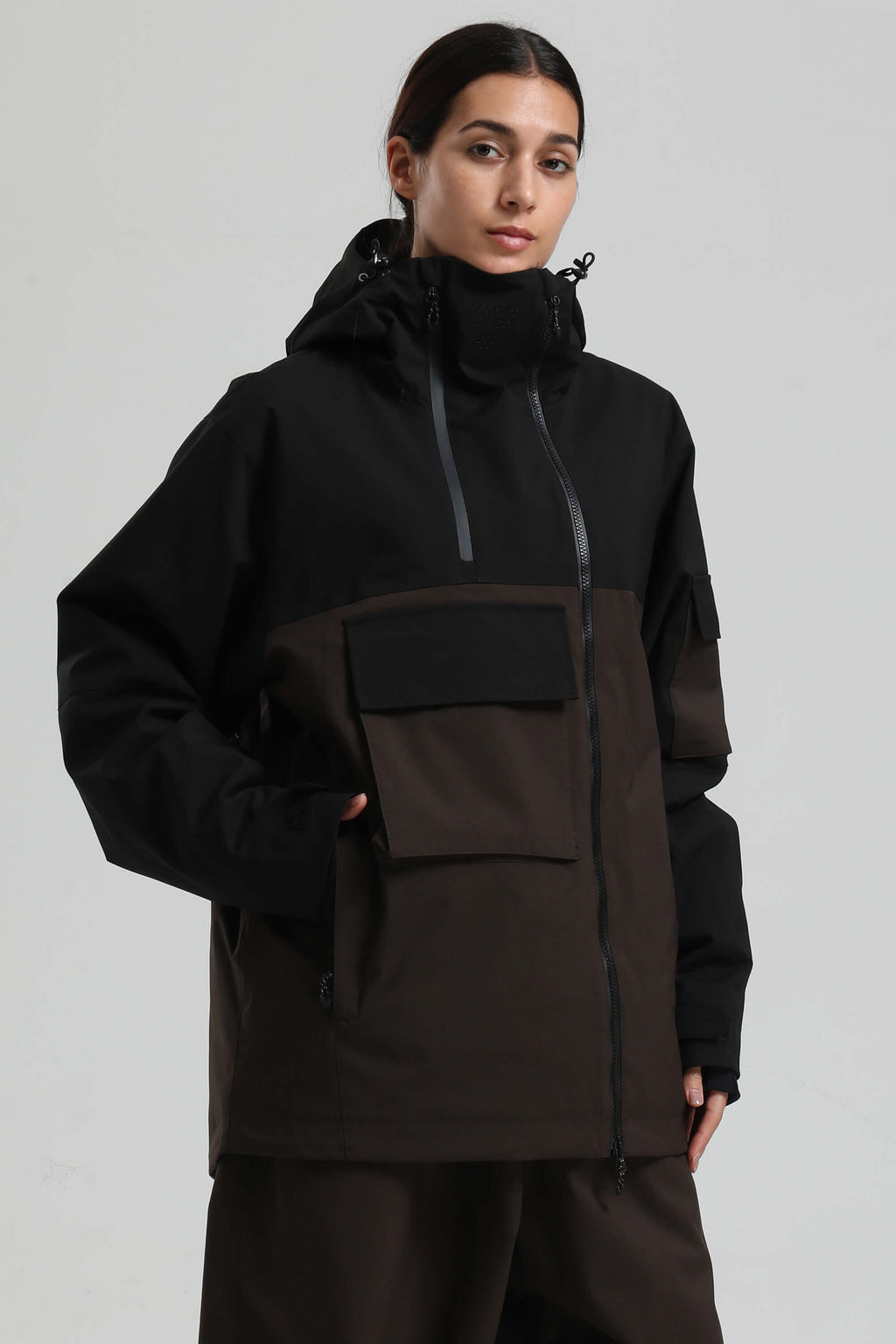 Women's Black & Coffee Asym-Zip Snow Jacket Utility Pocket Waterproof Ski Jacket - Gsou Snow